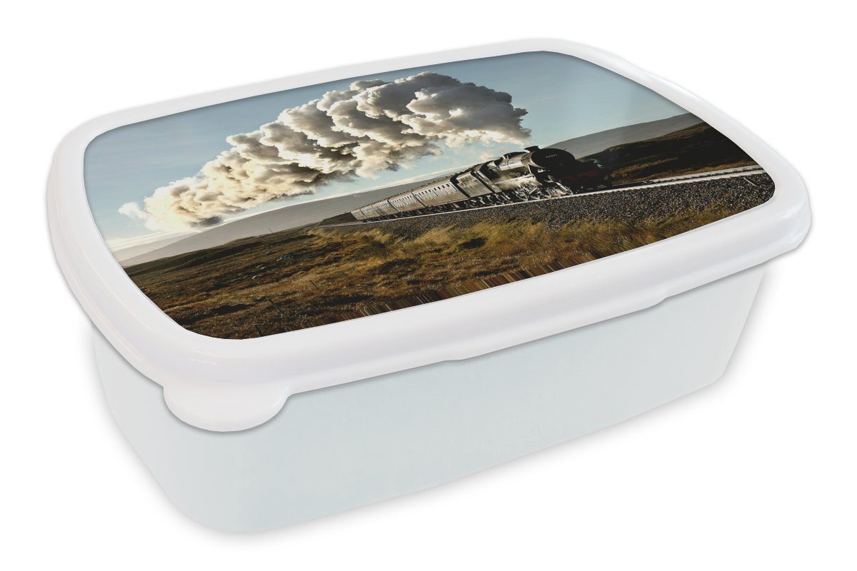 MuchoWow Lunchbox Kunststoff, Eine Kinder durch fährt (2-tlg), Erwachsene, Brotbox zerklüftete Jungs Mädchen Brotdose, eine für Landschaft, weiß Dampflokomotive für und und