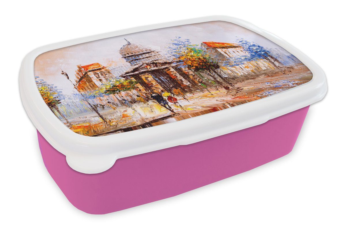 MuchoWow Lunchbox Gemälde - Stadt - Öl, Kunststoff, (2-tlg), Brotbox für Erwachsene, Brotdose Kinder, Snackbox, Mädchen, Kunststoff rosa
