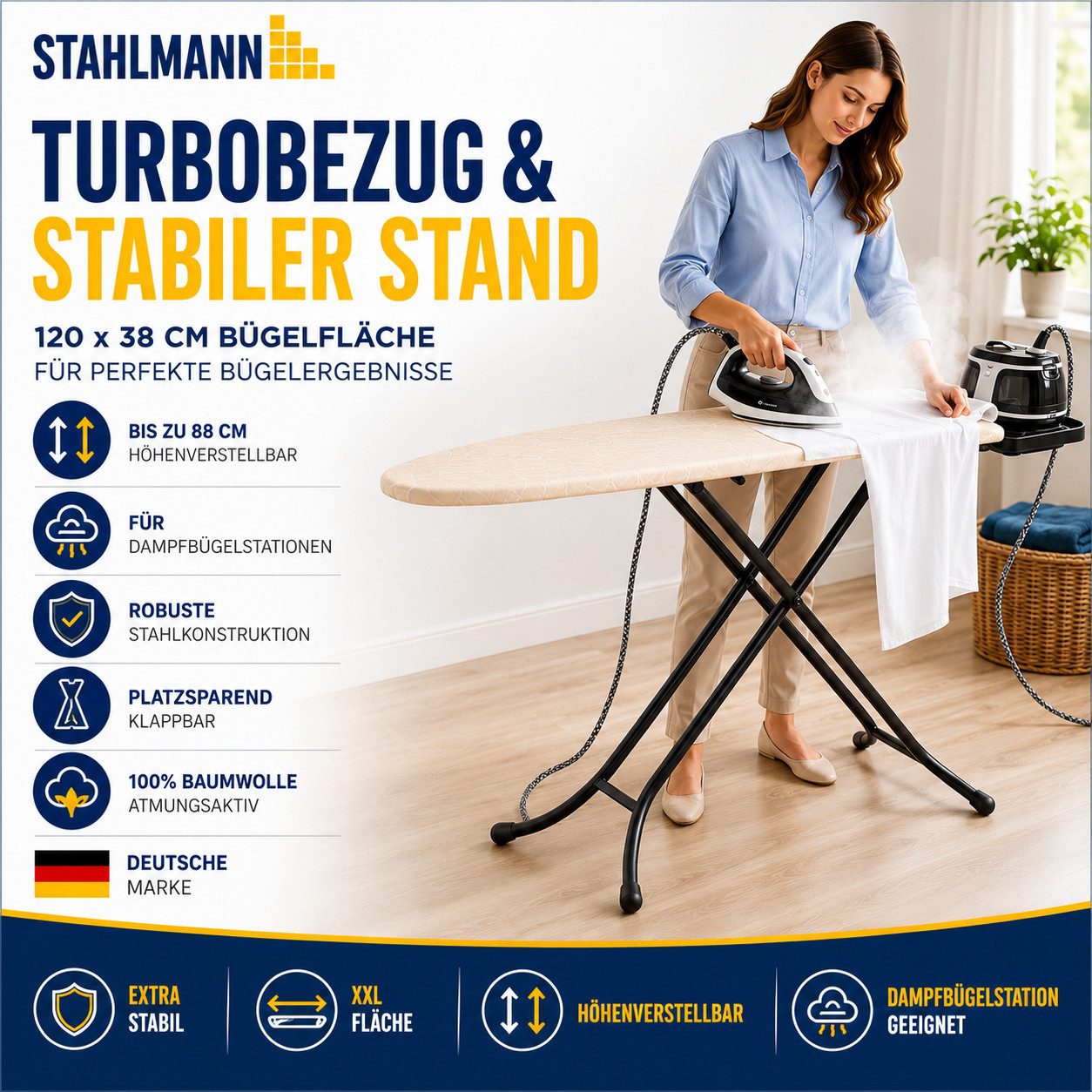 STAHLMANN COMMERCE GmbH Bügelbrett für Dampfbügelstation 120 × 38 cm, höhenverstellbar, Turbobezug, Bügelfläche 30x120 cm, TestCheck 1,1 SEHR GUT, Turbobezug & Ablage für Dampfbügelstation