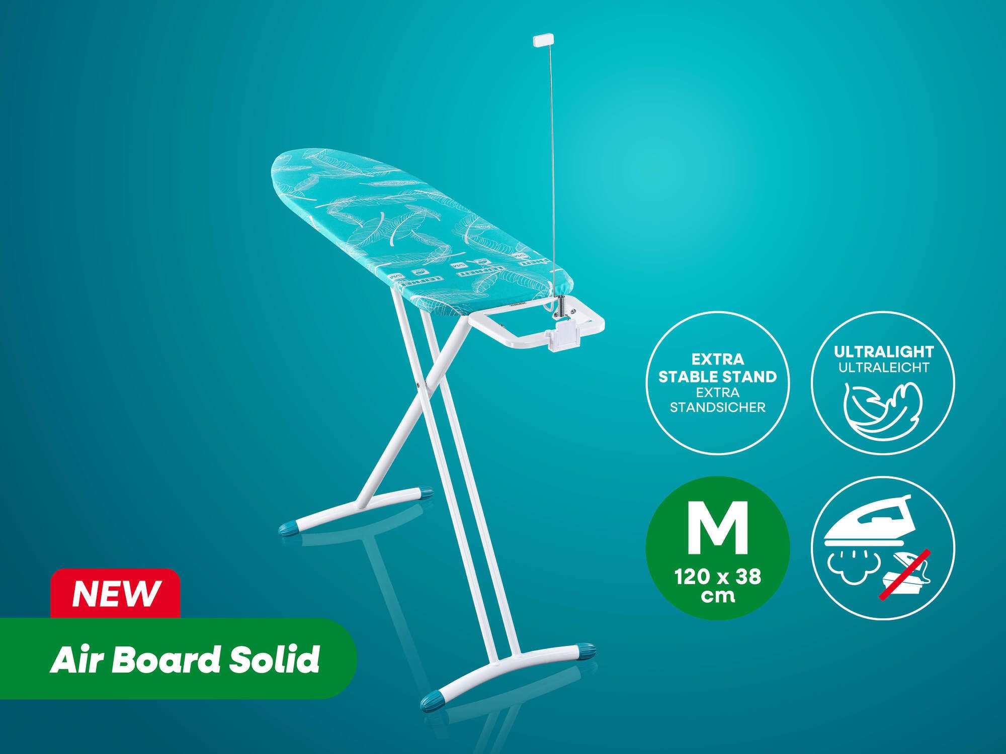 Leifheit Bügelbrett Bügeltisch Air Board M Solid, Bügelfläche 38.0x120.0 cm, Zwei-Seiten-Bügeleffekt, Bügelfläche 120 x 38cm, Bügeleisenablage