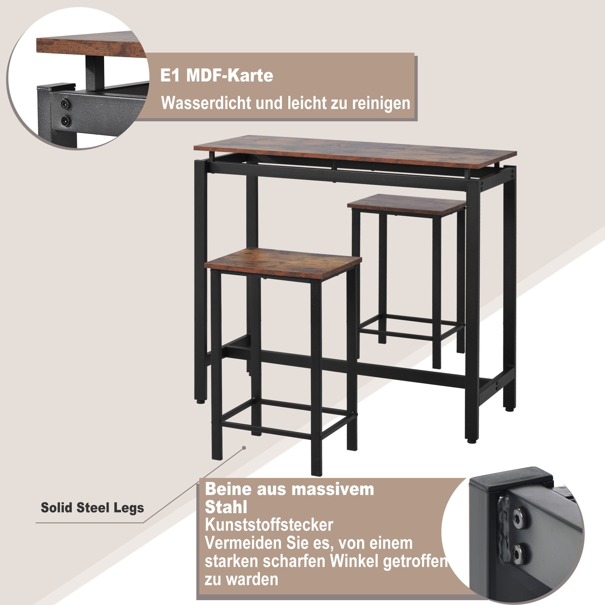 Bartisch (3-St), mit Hocker, Küchentisch Stehtisch Vintage, 100x40x90cm, 38x30x60cm