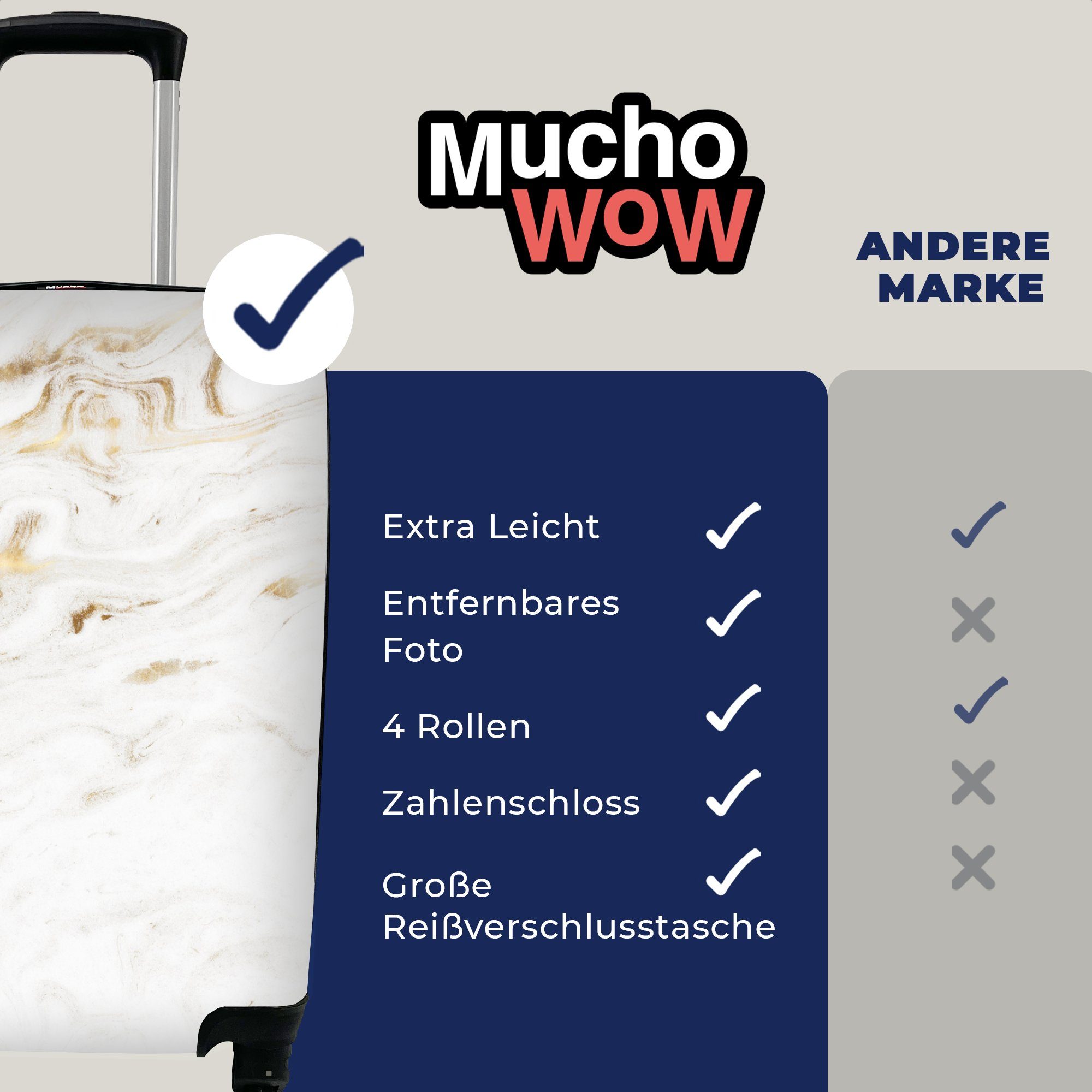 mit Marmor Handgepäckkoffer Ferien, Gold 4 Reisekoffer für Reisetasche Handgepäck Rollen, - rollen, Trolley, MuchoWow - Weiß,