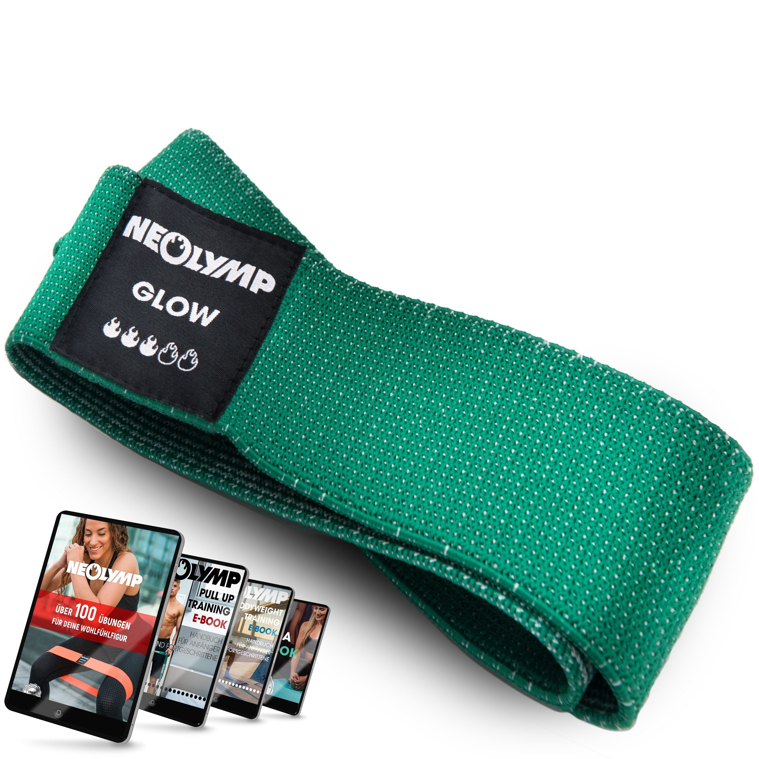 NEOLYMP Trainingsband Premium MinibänderI Fitnessbänder Bauch Beine PoI Trainingsband IMB310, Naturfasern, komfortabel, mit E-Book, langlebig, hygienisch, waschbar Stufe 3 grün | Fitnessbänder