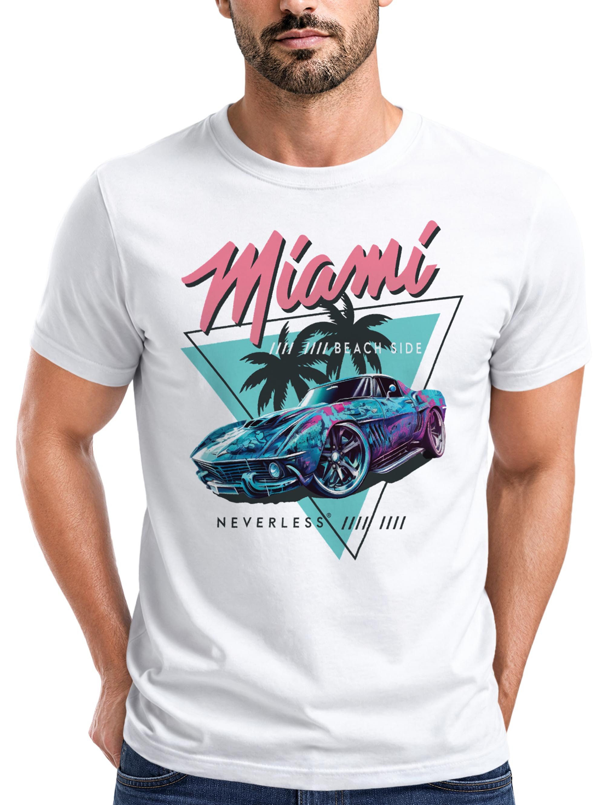 Neverless Print-Shirt Herren T-Shirt Bedruckt Miami Beach Surfing Motiv USA Retro Automobil mit Print