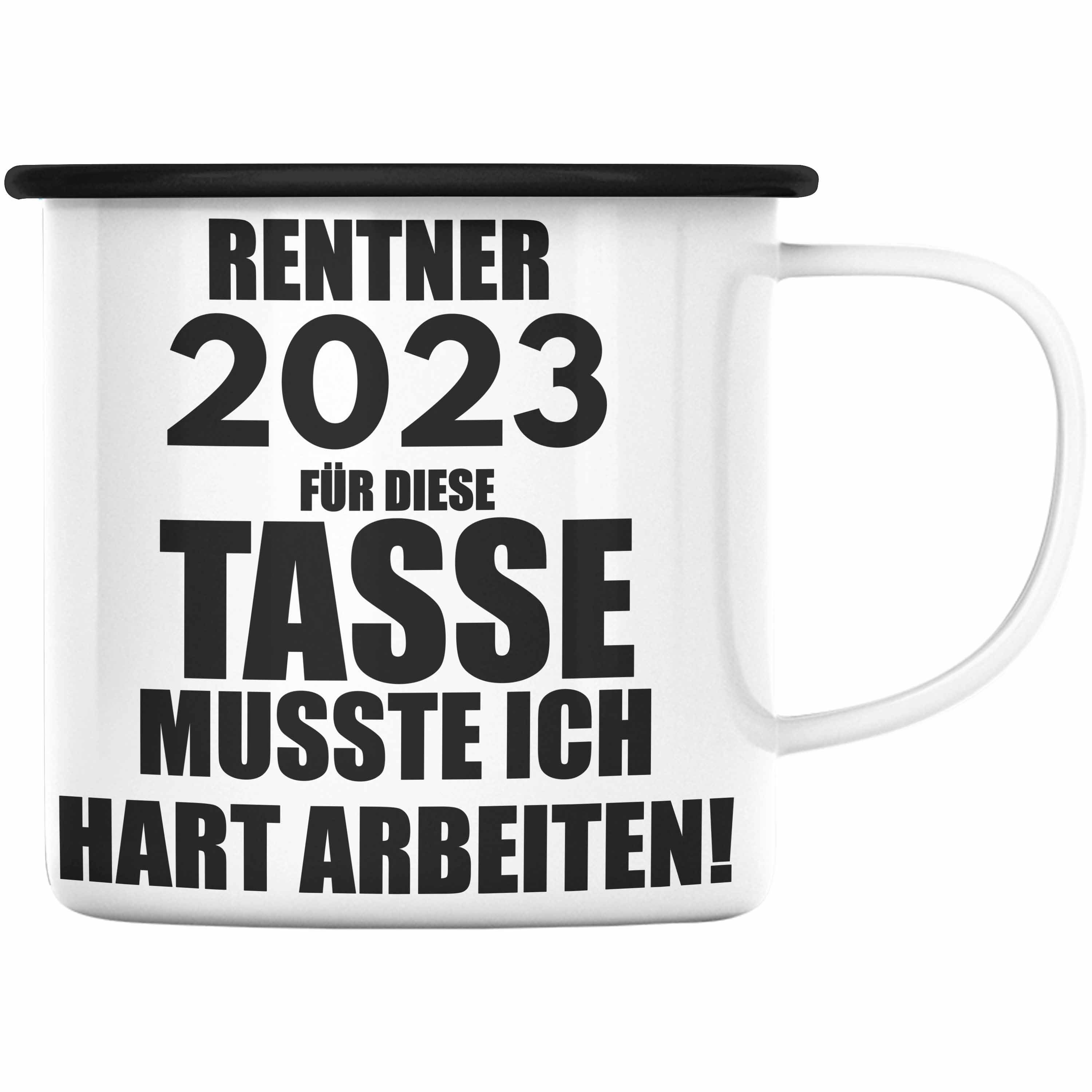 Trendation Thermotasse Ruhestand Tasse 2023 Schwarz Rente Rentner Emaille Spruch Trendation 