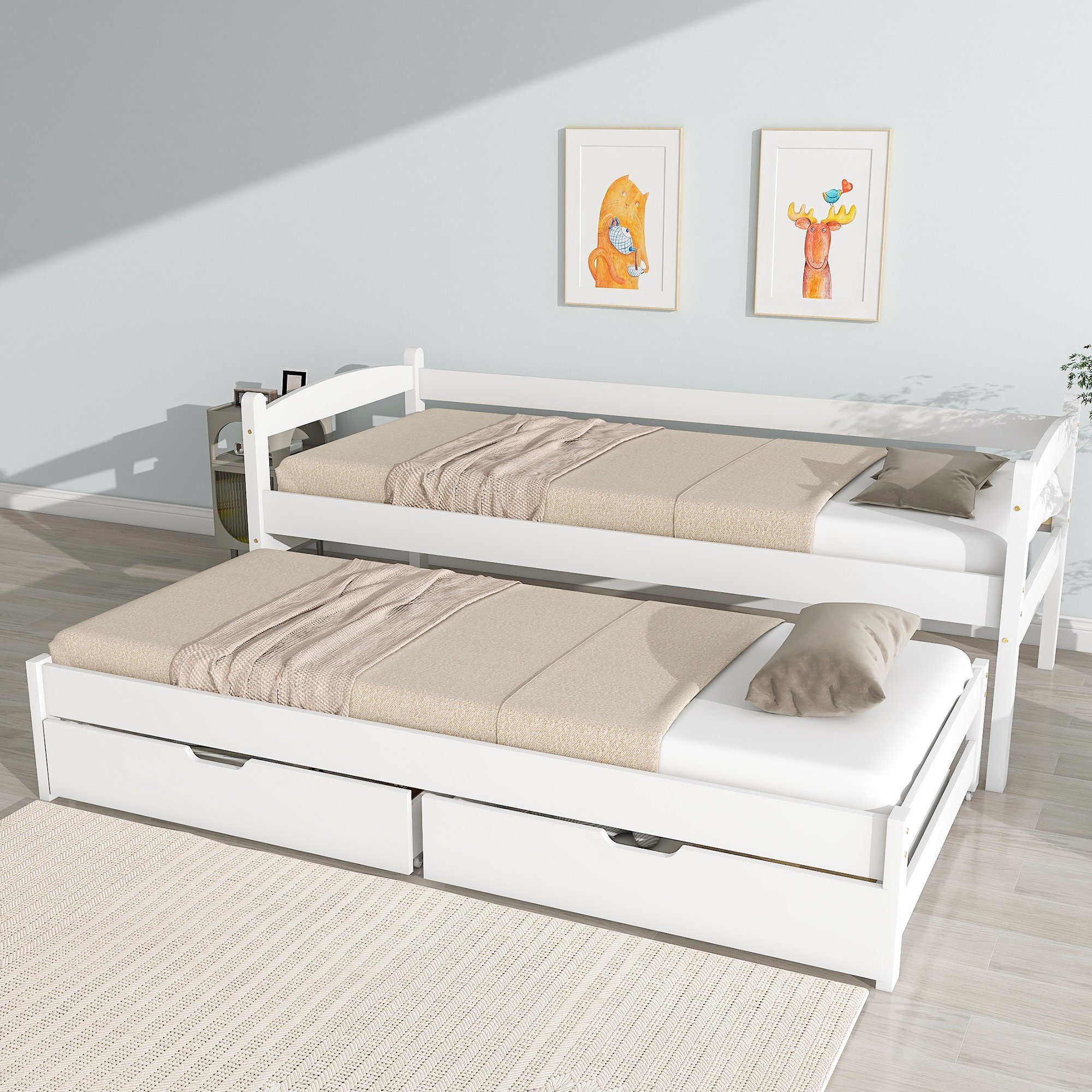 Doppelbett, Bett, Rollen Einzel- WISHDOR und Ohne unten Tagesbett, 200x90cm/190x90cm), 2 Matratze (mit Schiebebett MDF-Schubladen, mit Kinderbett