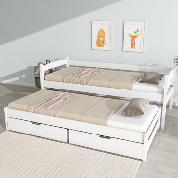 WISHDOR Kinderbett Bett, Tagesbett, Einzel- und Doppelbett, Schiebebett (mit 2 MDF-Schubladen, mit Rollen unten 200x90cm/190x90cm), Ohne Matratze