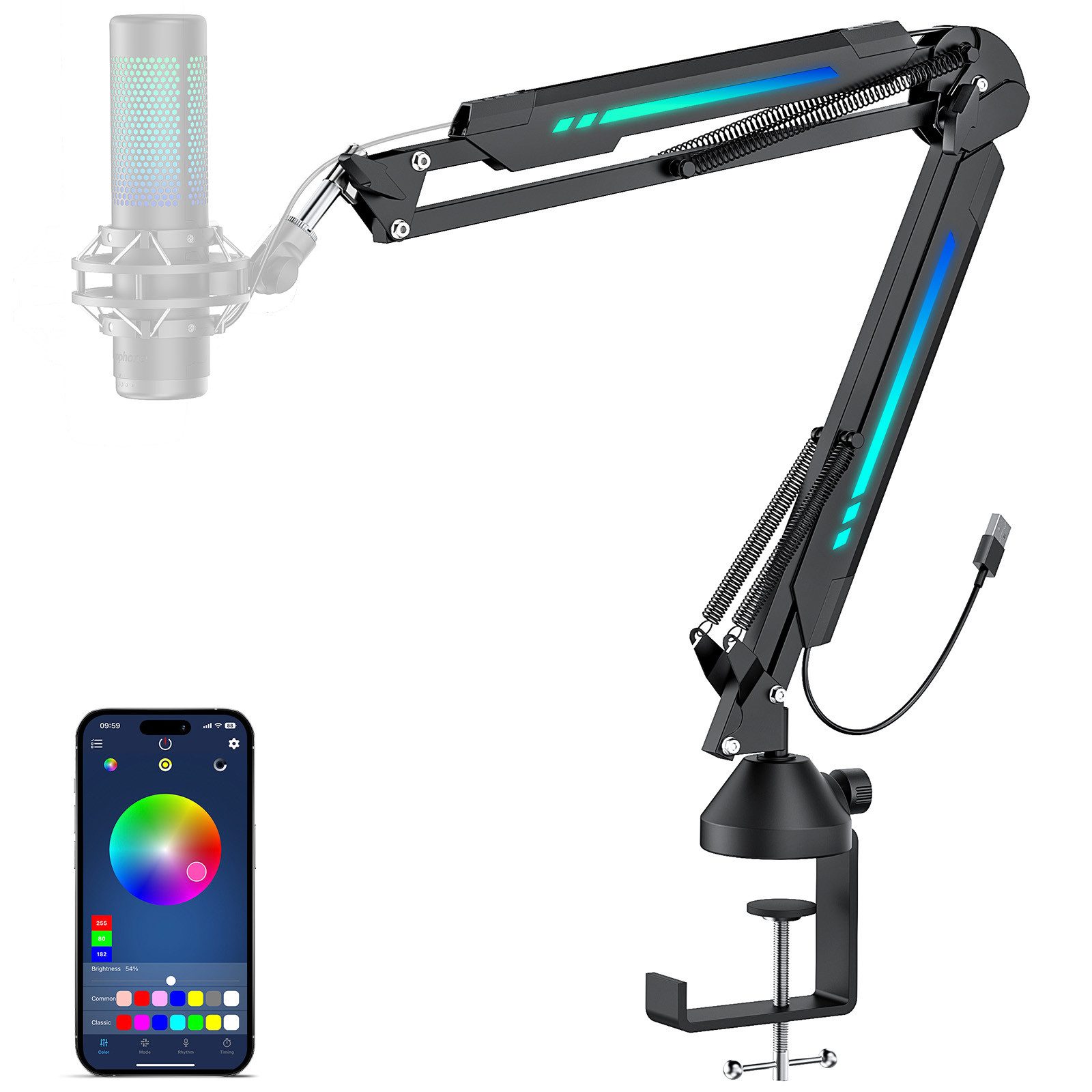TONOR Mikrofon-Halterung Gaming Mikrofon Arm mit RGB Licht, Leuchten Touch verstellbar