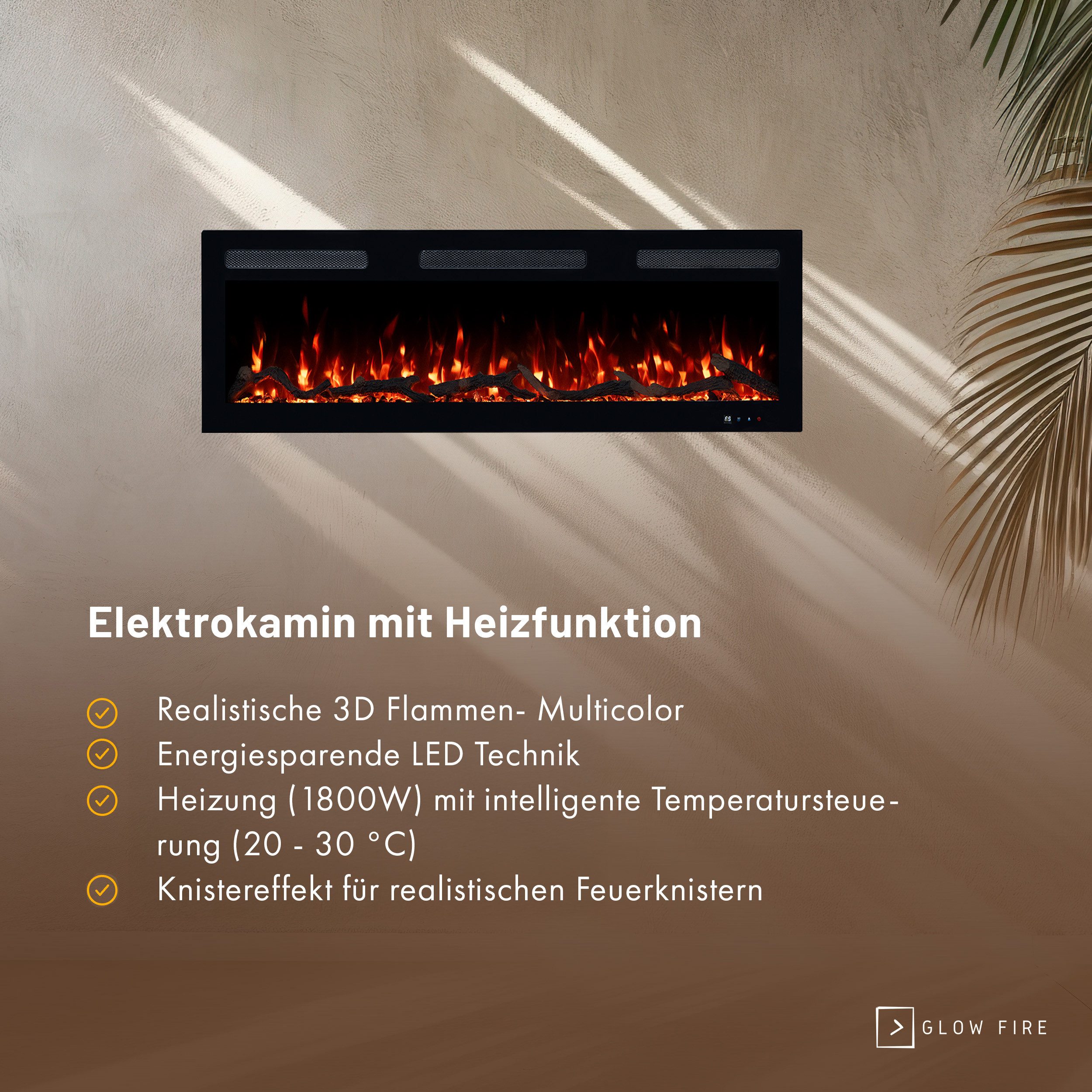 GLOW FIRE Elektrokamin Inside Wandkamin mit 3D Feuer und Heizung (Thermostat, 900- 1800 W), Elektrischer Stand-, Wand- oder Einbaukamin mit APP Steuerung, LED