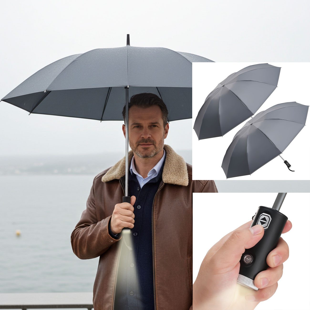 shop'n smile ideoon Taschenregenschirm Faltbarer Regenschirm LED-Taschenlampe Taschenschirm Anthrazit Ø105cm, Auf-Zu-Automatik/Stoff mit UPF 50+/inkl. Handschlaufe