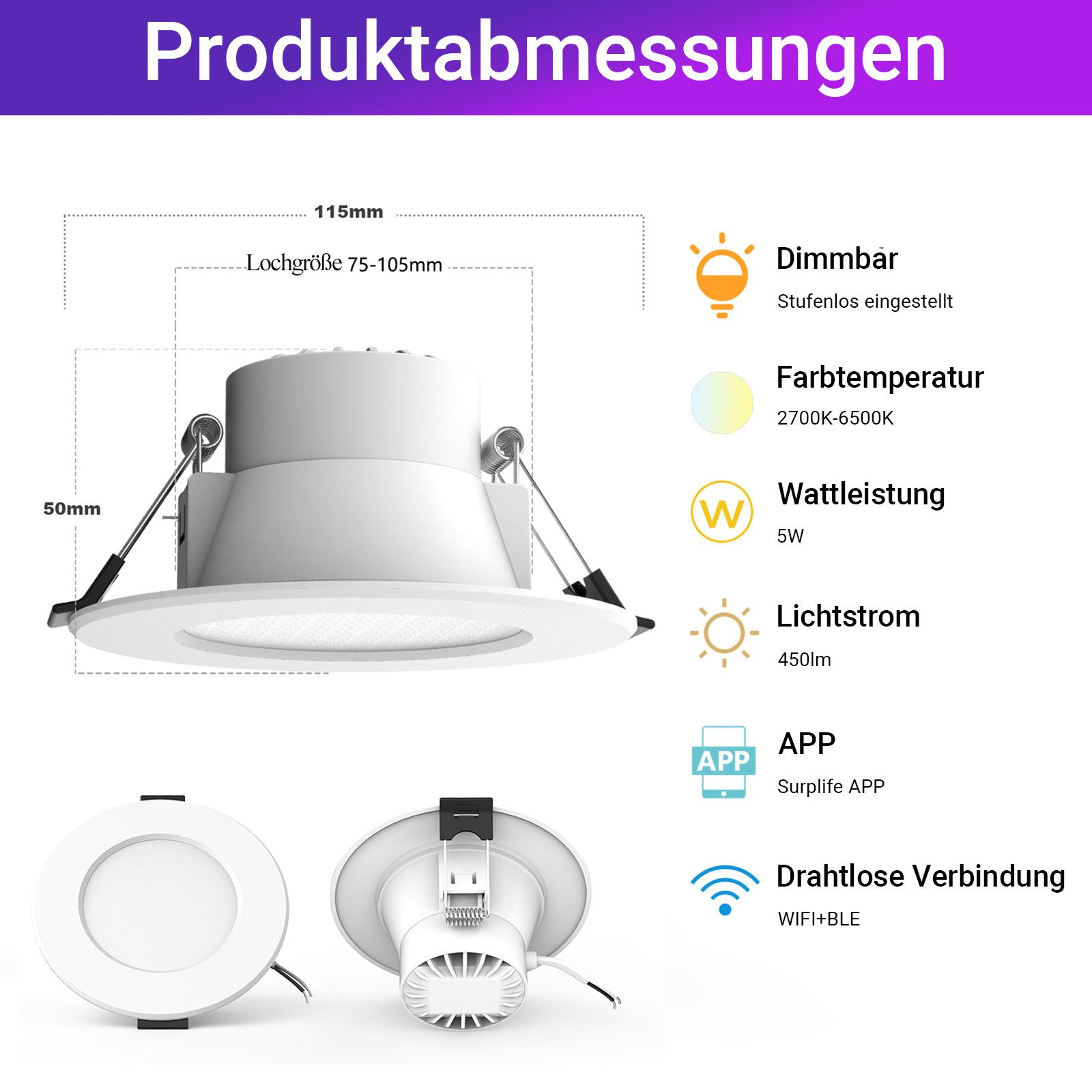 MUPOO LED Einbaustrahler Smart LED Spot Flach 5W,Bluetooth Alexa- & Google, günstig online kaufen
