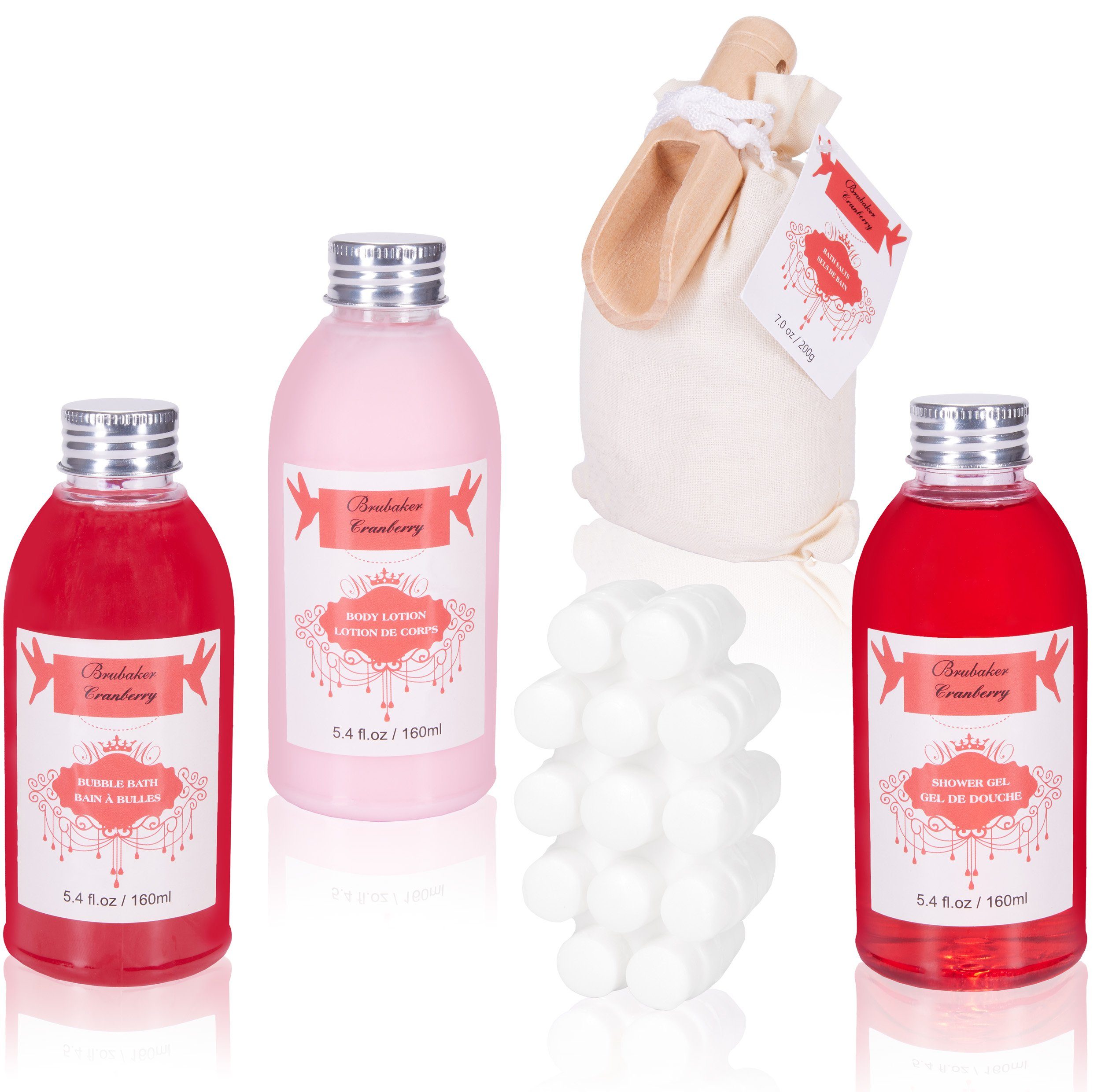 BRUBAKER Hautreinigungs-Set Bade- und Dusch Set im Holz Fass - Badeset für Frauen, 9-tlg., Damen Geschenkset im Badefass, Pflegeset mit Cranberry Duft
