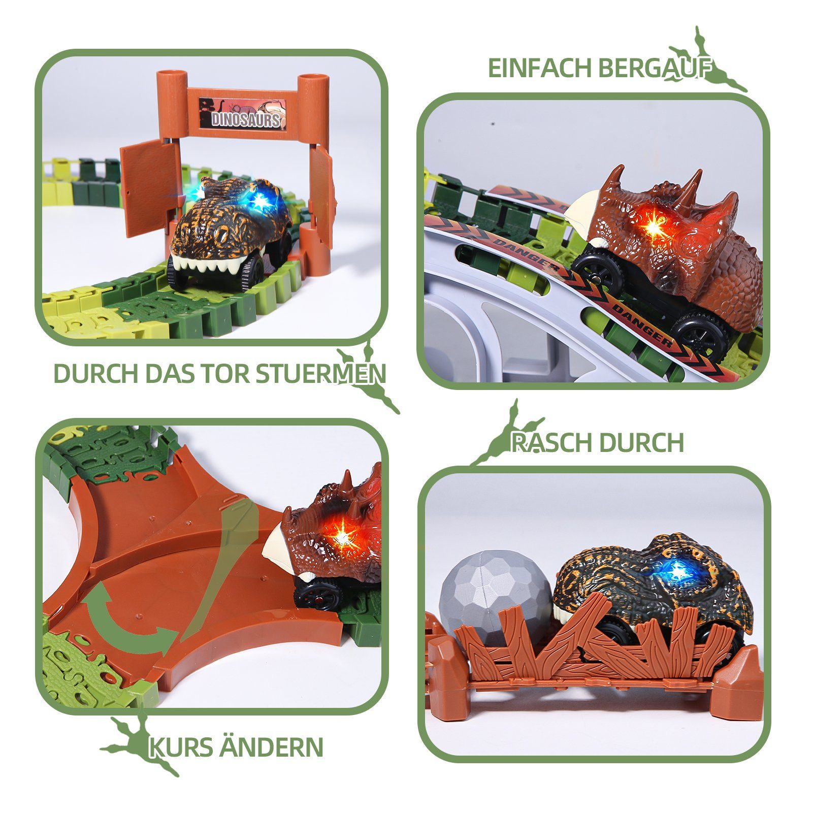 Esun Autorennbahn 289 Stück Rennstrecke Dinosaurier Spielzeuge Flexible Zugbahnen, (Set, 289-tlg), mit 2 dino auto, Geschenk Junge Mädchen 3 4 5 6 Jahre