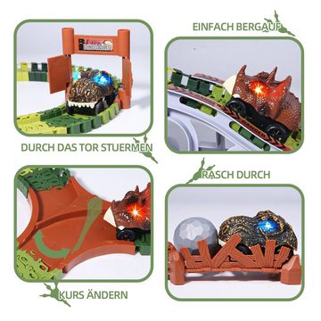 Esun Autorennbahn 289 Stück Dinosaurier Spielzeug autorennbahn ab3 4 5 6 jahre mit 2auto, mit 8 Dinosaurier-Figuren,2 elektrische Rennauto