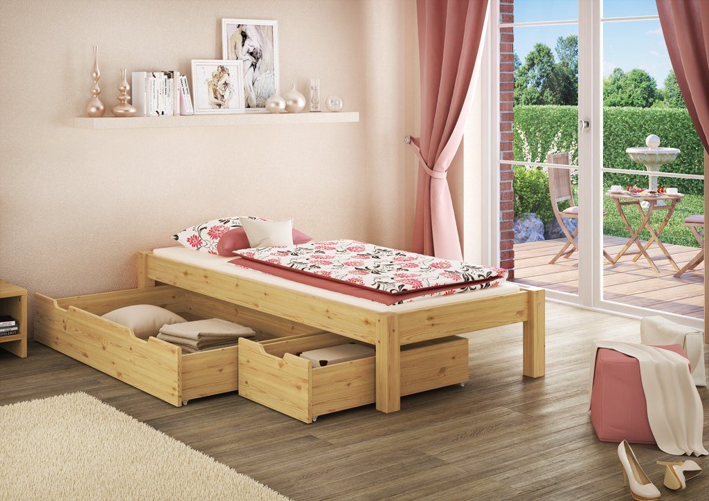 Kieferfarblos Federleisten und Kopfteil lackiert Bett mit ERST-HOLZ 100x200 Matratze, Holzbett ohne