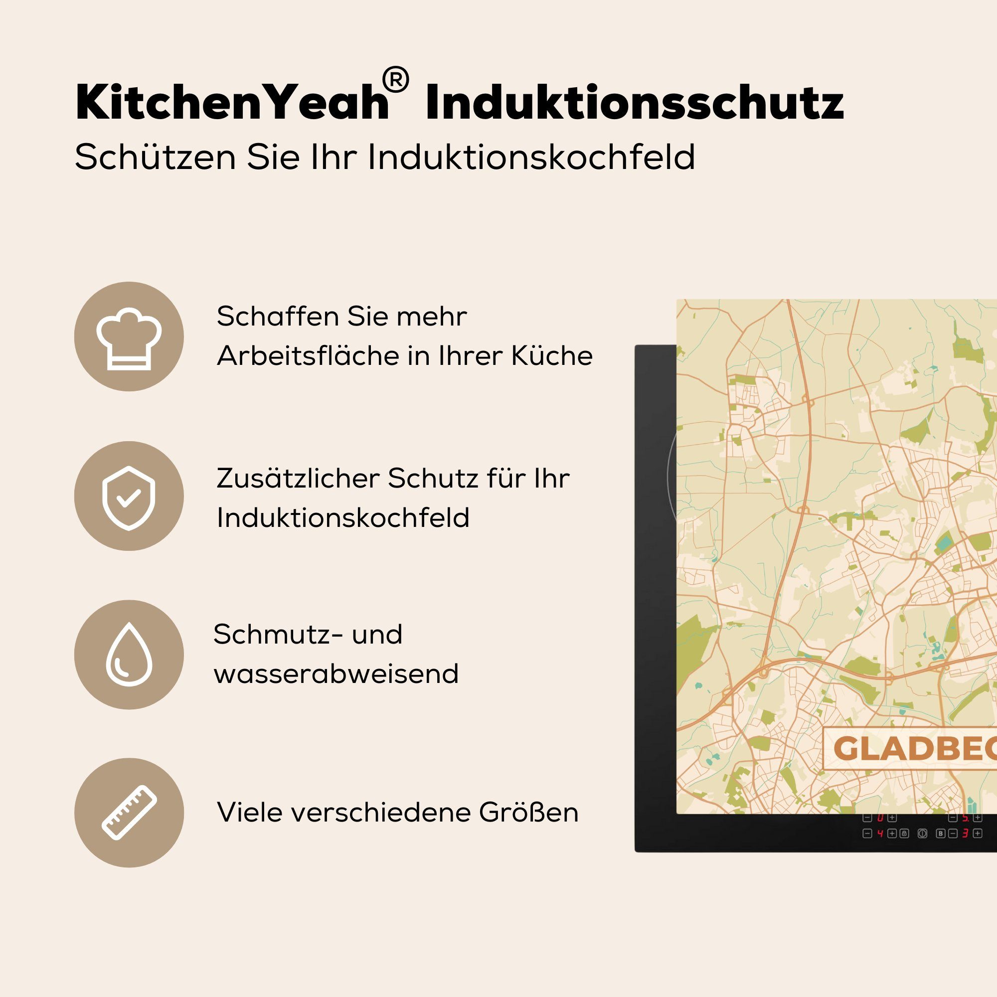 78x78 - cm, (1 Ceranfeldabdeckung, MuchoWow tlg), - küche Herdblende-/Abdeckplatte Stadtplan - Vinyl, Vintage Karte, Gladbeck für Arbeitsplatte