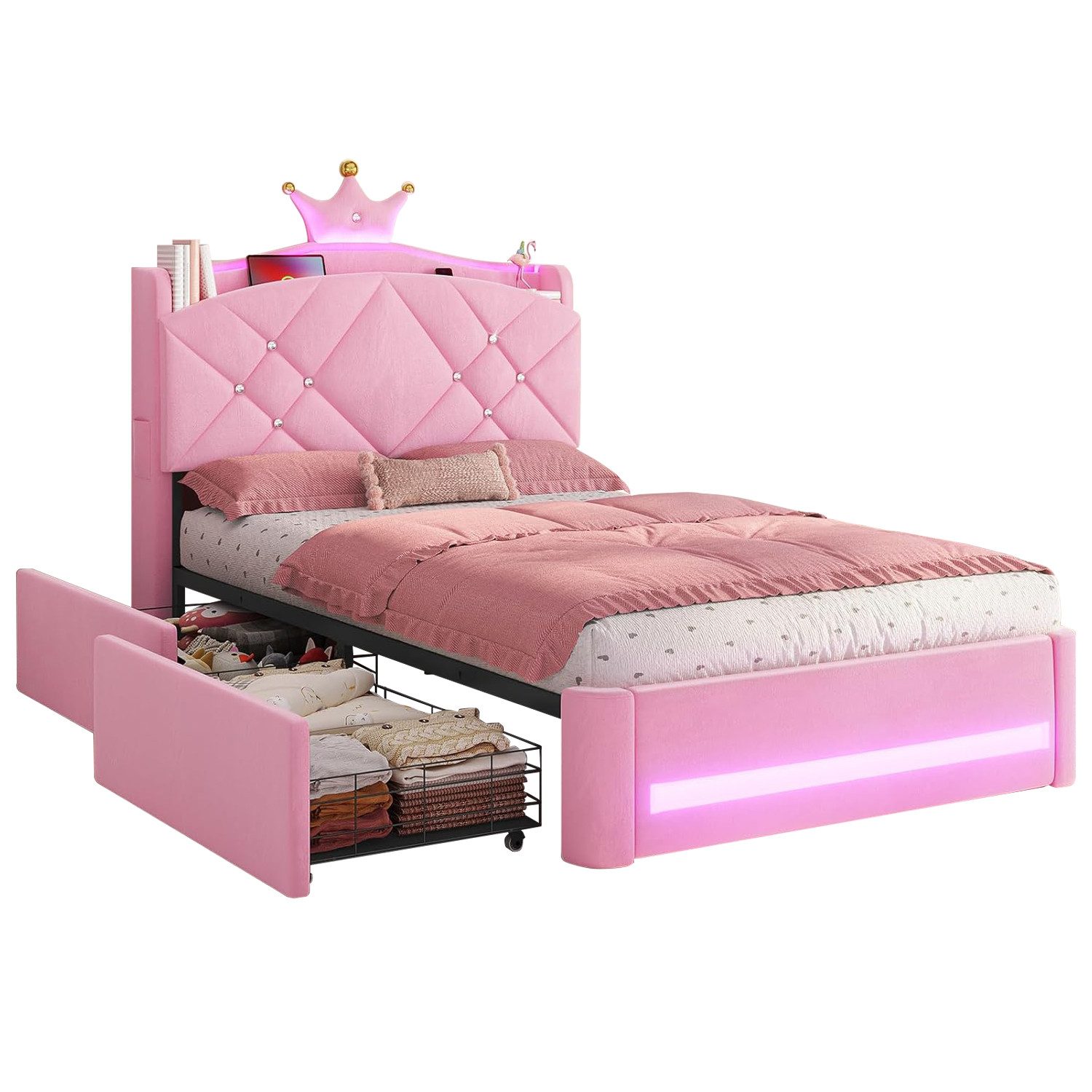 MSMASK Kinderbett im Kronen-Design mit LED-Beleuchtung, Ladestation und 2 Schubladen (Ohne Matratze), Polsterbett Jugendbett Prinzessinnenbett 90 x 200cm