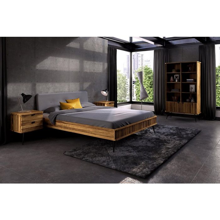 Natur24 Einzelbett Bett Tula 2 aus Wildeiche massiv 100x200 cm mit Polsterkopfteil und Metallbeinen