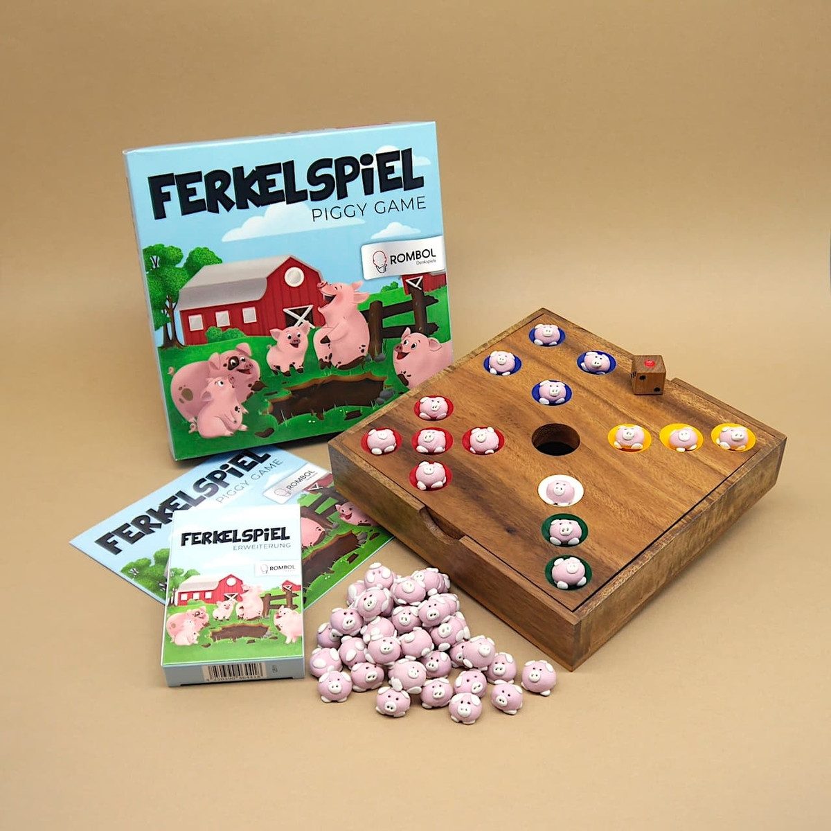 ROMBOL Denkspiele Spiel Ferkelspiel Premium - lustiges Würfelspiel inkl. Erweiterung, Schweinchenspiel, Holzspiel