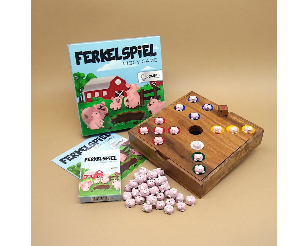 ROMBOL Denkspiele Spiel Ferkelspiel Premium - lustiges Würfelspiel inkl. Erweiterung, Schweinchenspiel, Holzspiel