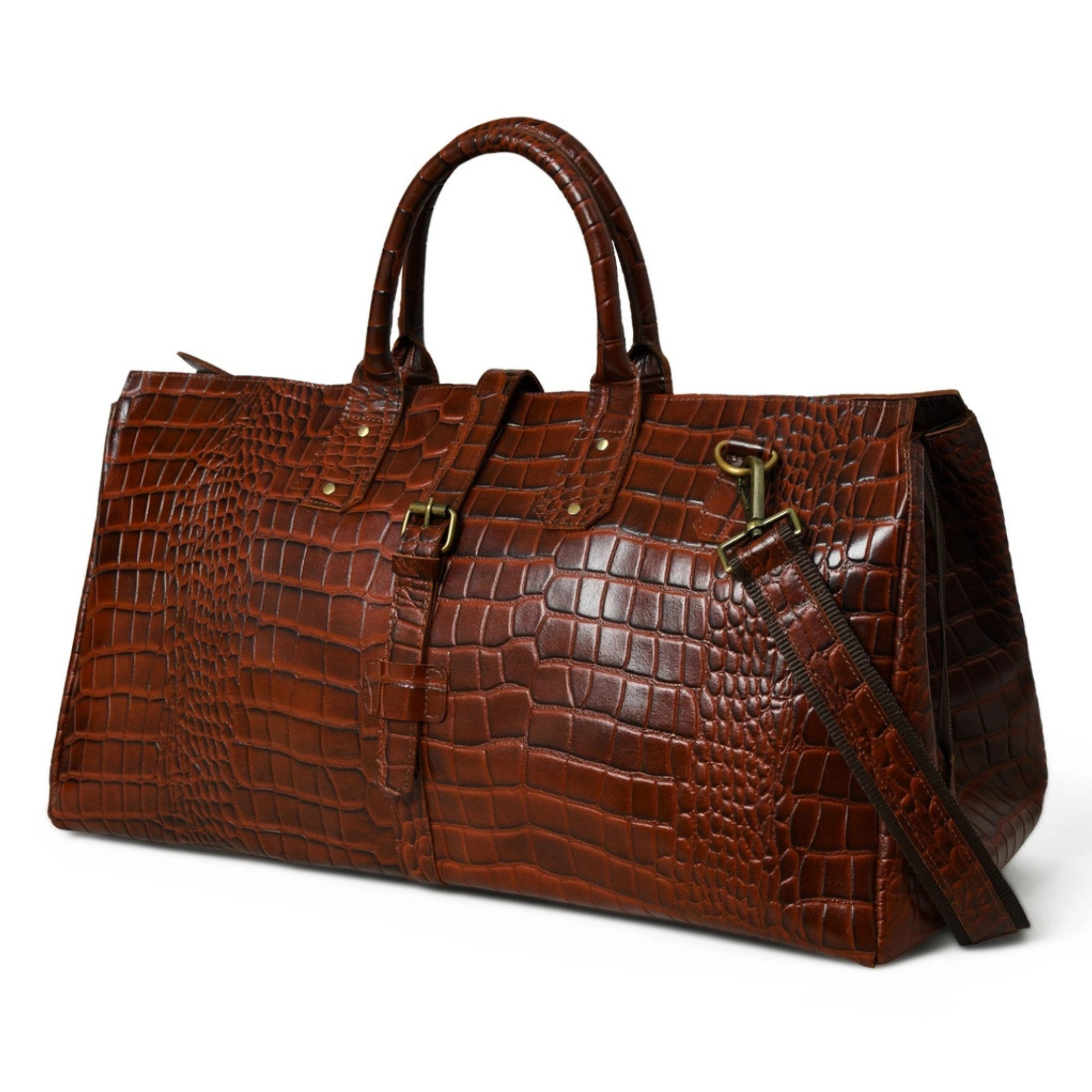 Weekender Premium Reisetasche Vollnarben Büffelleder Krokodilmuster braun