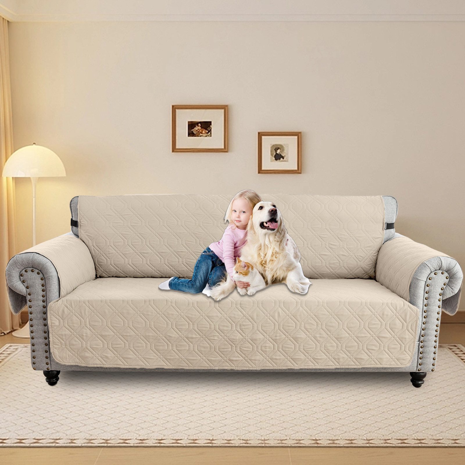 BTTO Sofabezug Sofahusse 1/2/3 Sitzer,Sofaüberzug mit Seitentasche,Couch Überzug, Gesteppt,Anti-Rutsch,Haustiermatte
