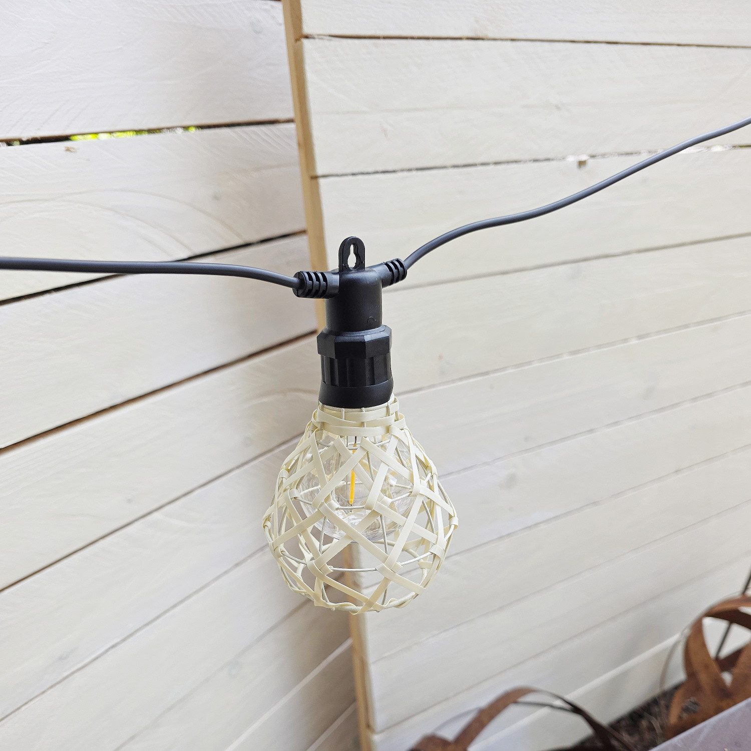 Macosa Home Lichterkette Rattan 6-flammig warmweiß IP44 für Außen & Innen Boho, Lichterkette 5m mit Natur-Lampenschirmen