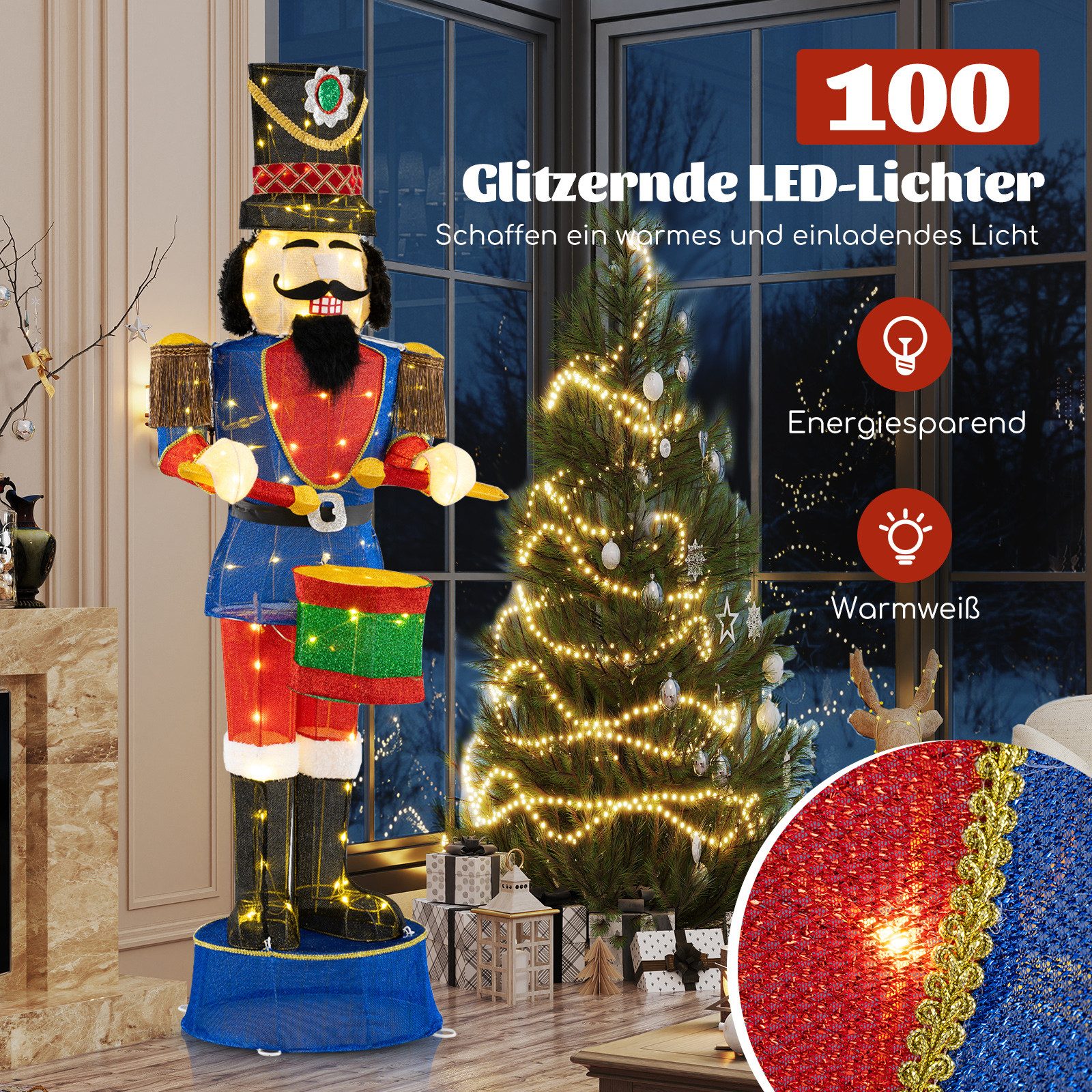 COSTWAY Weihnachtsfigur, 185cm hoher Nussknacker, mit 100 LED-Lichtern