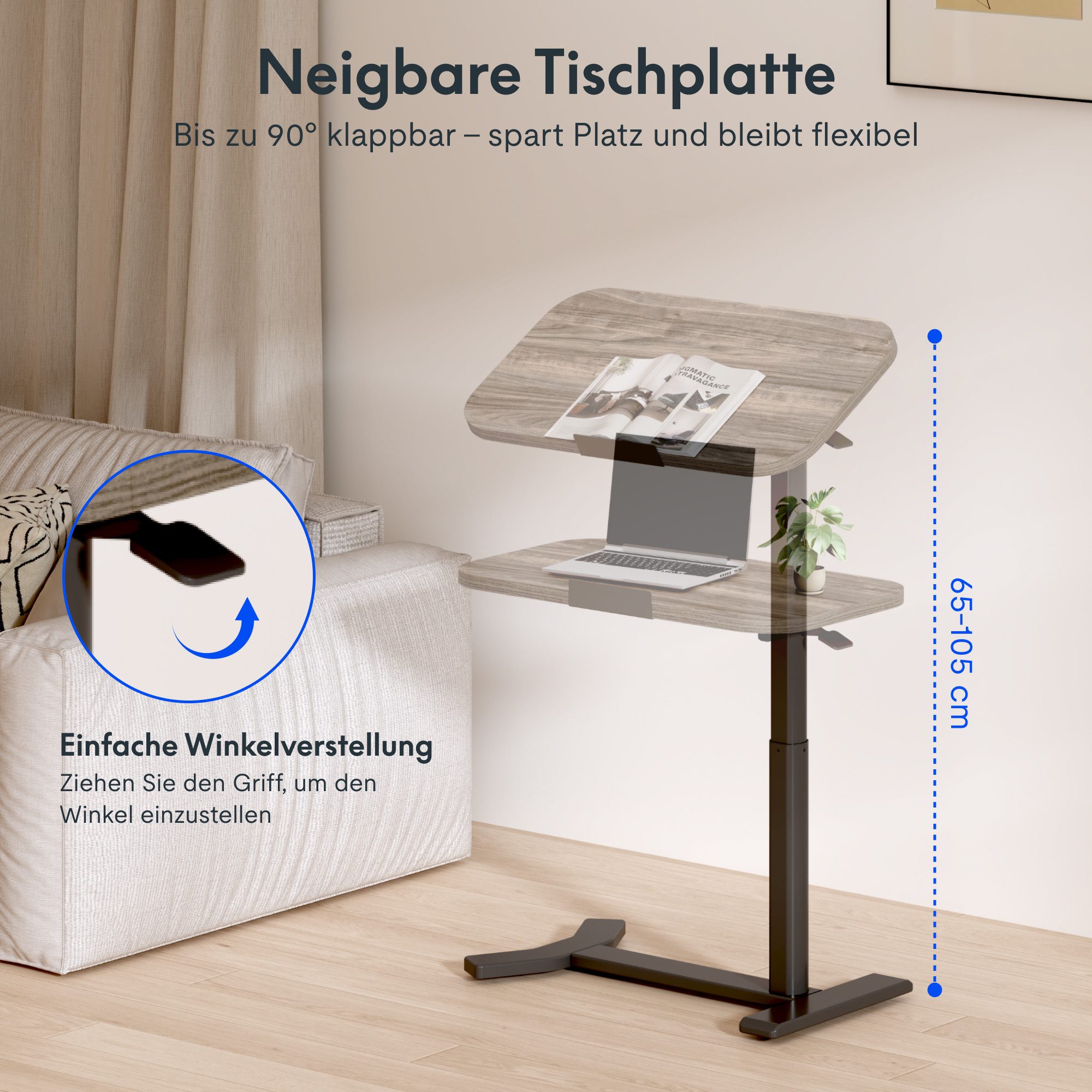 FLEXISPOT Beistelltisch Höhenverstellbar Betttisch mit neigbarer Tischplatte, Laptoptisch (C-Form, ideal für Sofa, Bett & Lesestunden), mit stufenloser Höhenverstellung, 360° Rollen & einfacher Montage
