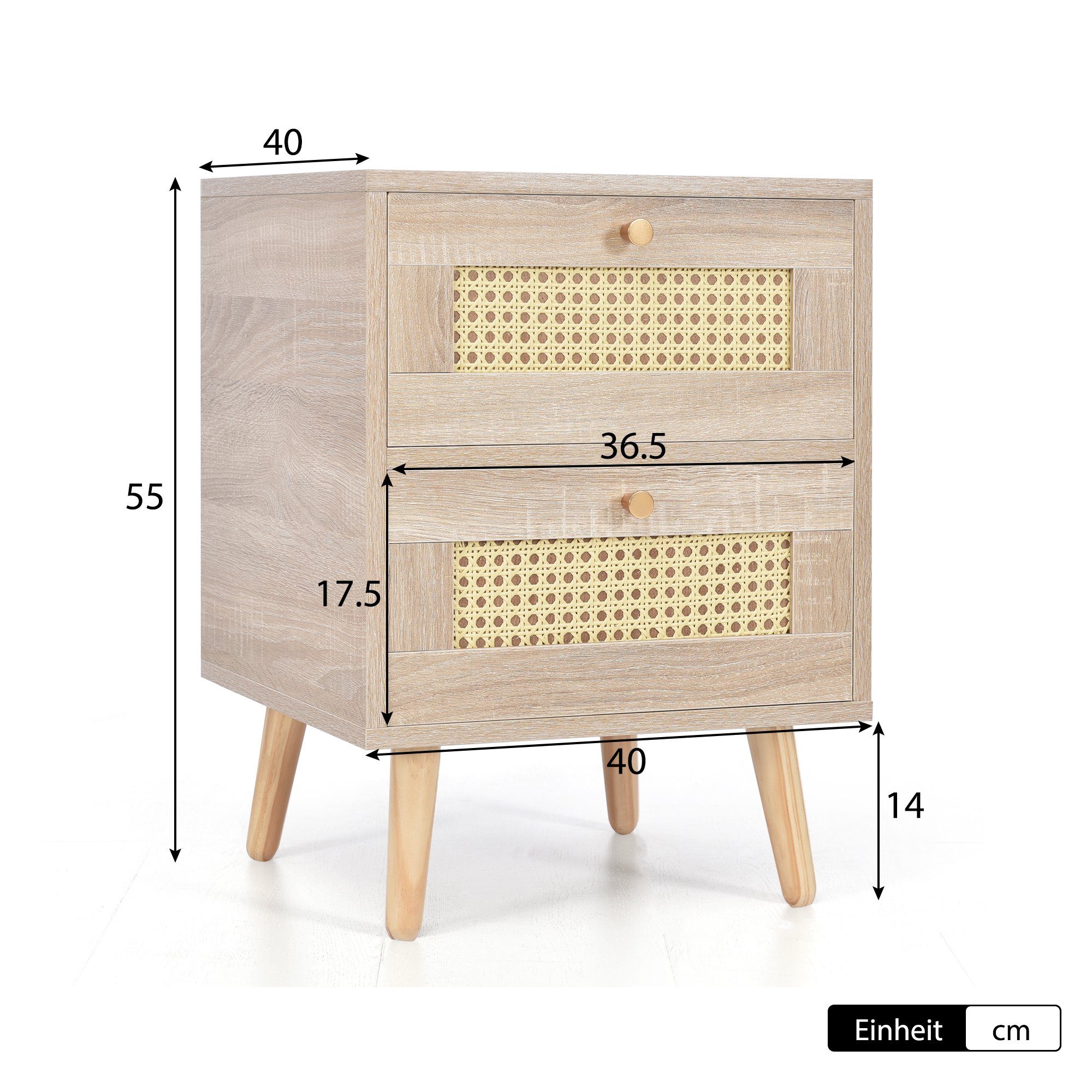 Nachttisch (1-St), Nachtschrank Nachtkommode Beistelltisch mit 2 Schubladen für Boxspringbett, 40 x 40 x 55 cm
