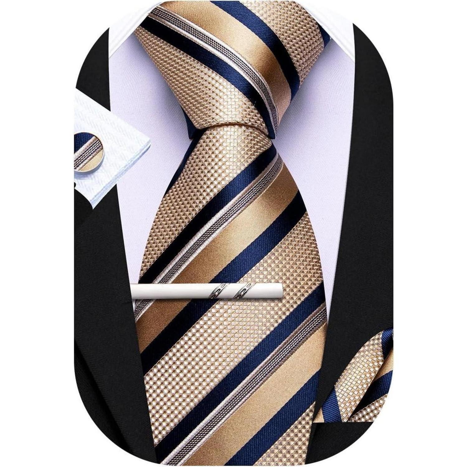 LuxusKollektion Krawatte Krawatten Set Herren Seide Taschentuch Blau Champagner Gold Streifen