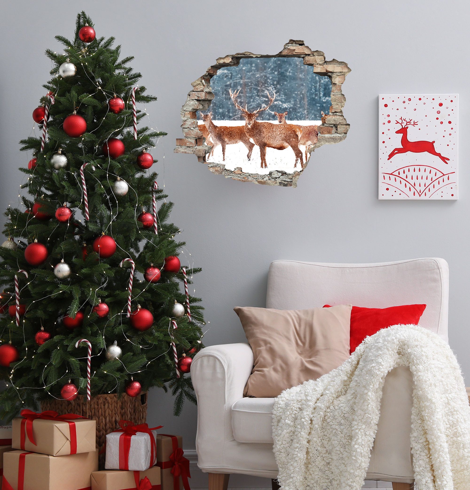 queence 3D-Wandtattoo Hirsch im Schnee (1 St), selbstklebender Wandsticker Weihnachten