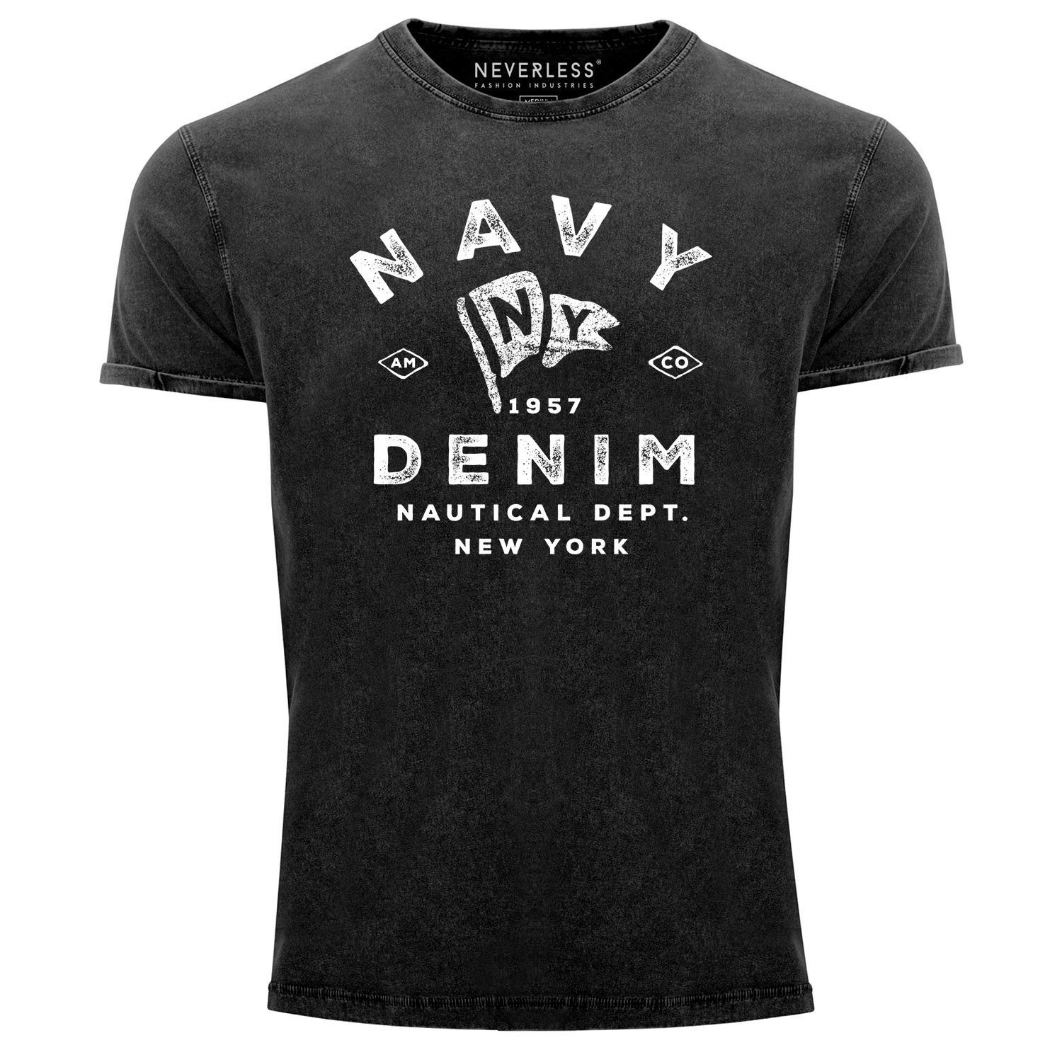 New Schriftzug Herren Retro Navy Neverless Aufdruck Neverless® Used Motiv York Print Printshirt Denim Vintage Vintagedesign Look Shirt Nautical mit T-Shirt Print-Shirt