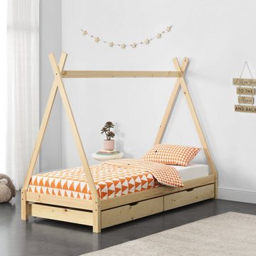 en.casa Hausbett, »Maine« Tipi Kinderbett mit 2 Schubladen 90x200cm Natur Holz
