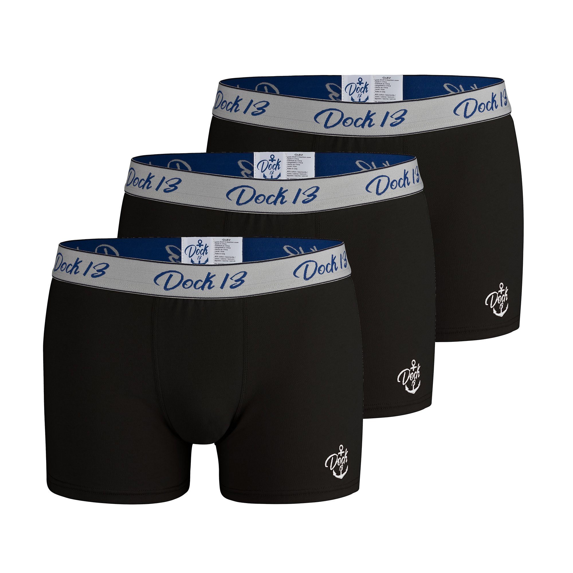 Dock13 Retro Boxer Dock13 Männer Unterhosen (3er Pack Boxershorts (3er-Set, 3-St., 3er-Pack) gewebter Bund, Logo als Stickerei schwarz