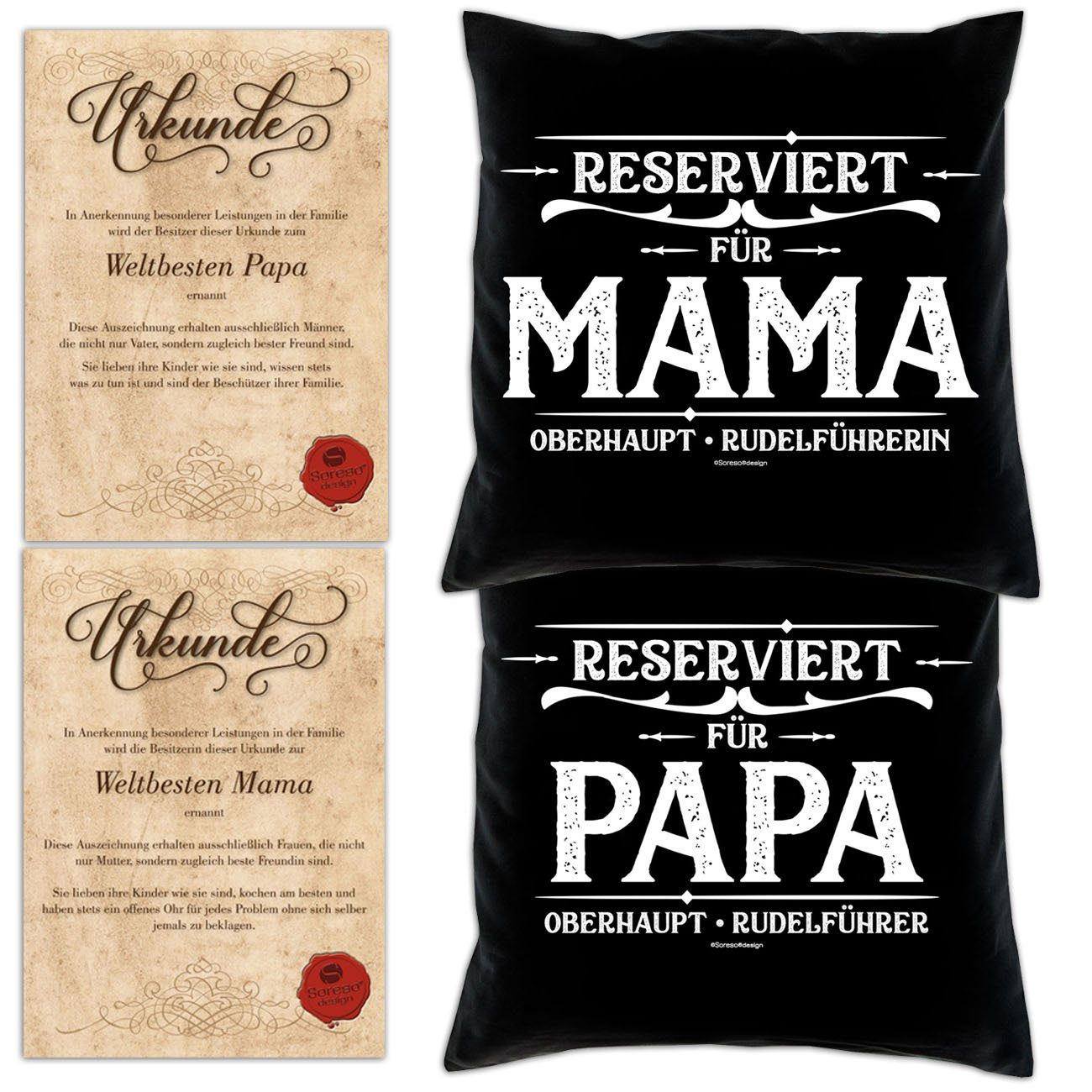 Soreso® Dekokissen Kissen-Set Reserviert für Urkunden, schwarz Reserviert Papa für Eltern Mama Weihnachten Geschenk mit