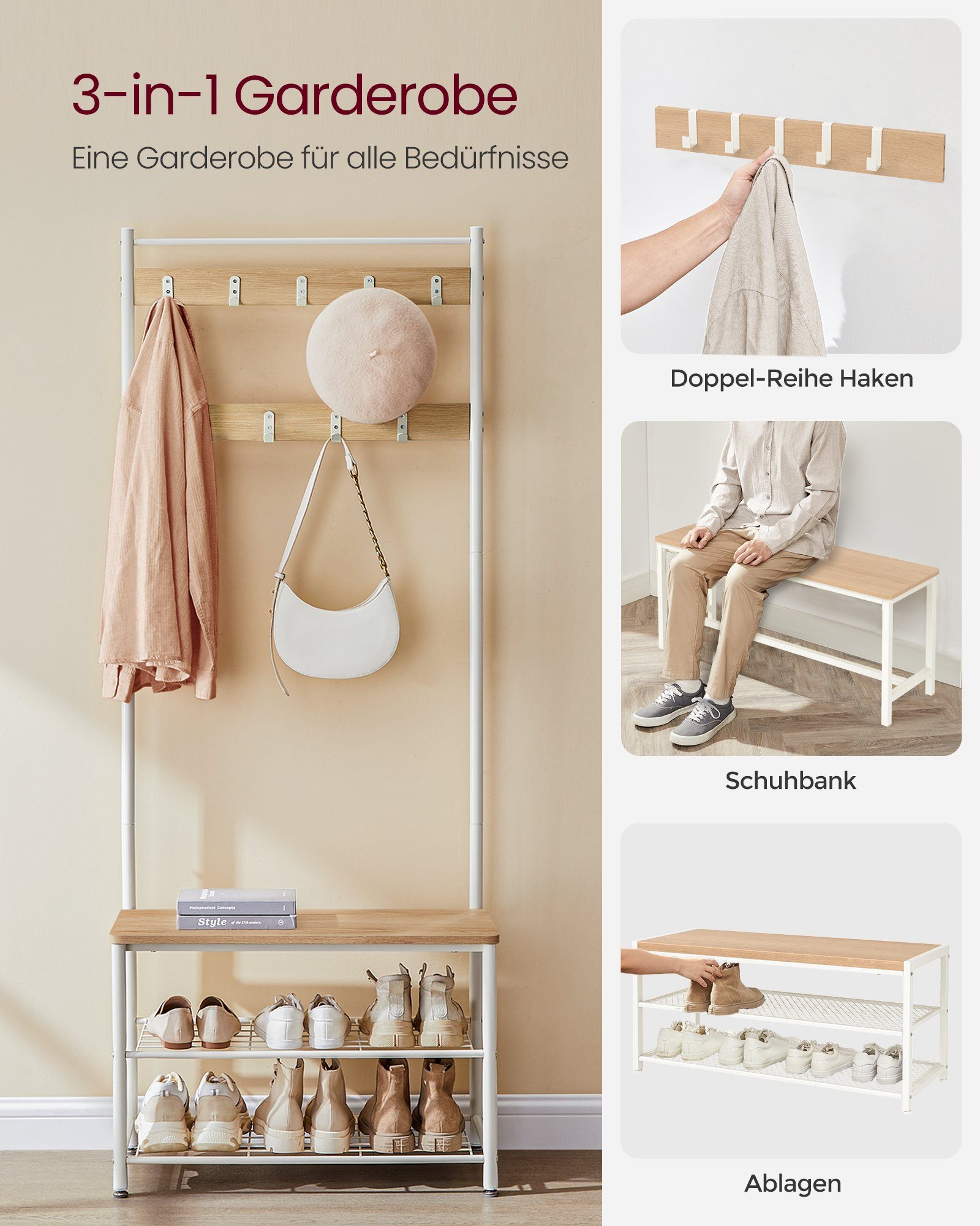 VASAGLE Garderobenständer Garderobe, Kleiderständer, mit Schuhbank, 3-in-1 Design, Stahl, 32 x 70 x 175 cm