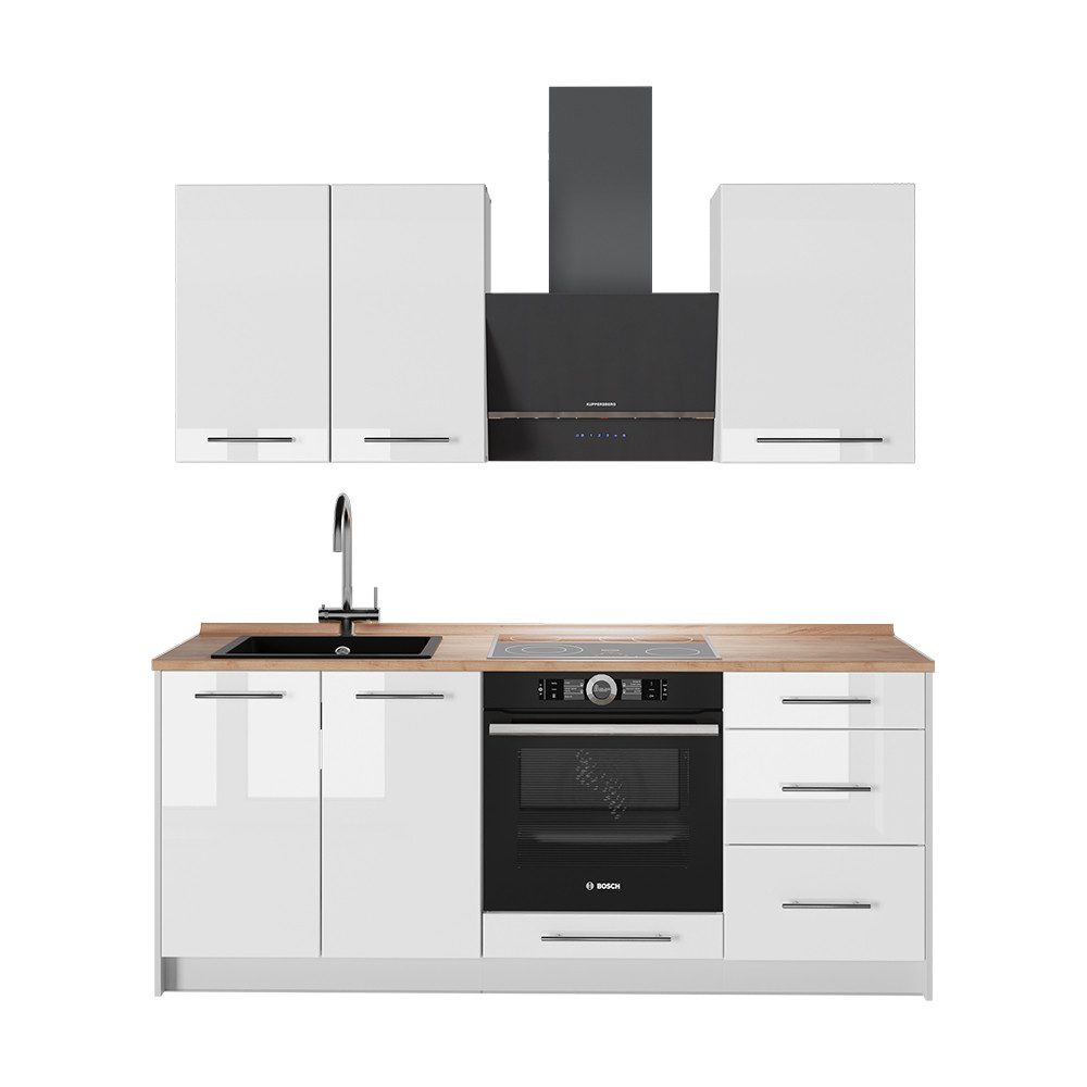 Vicco Küchenzeile Fame-Line, Weiß Hochglanz/Weiß, 190 cm, AP Eiche