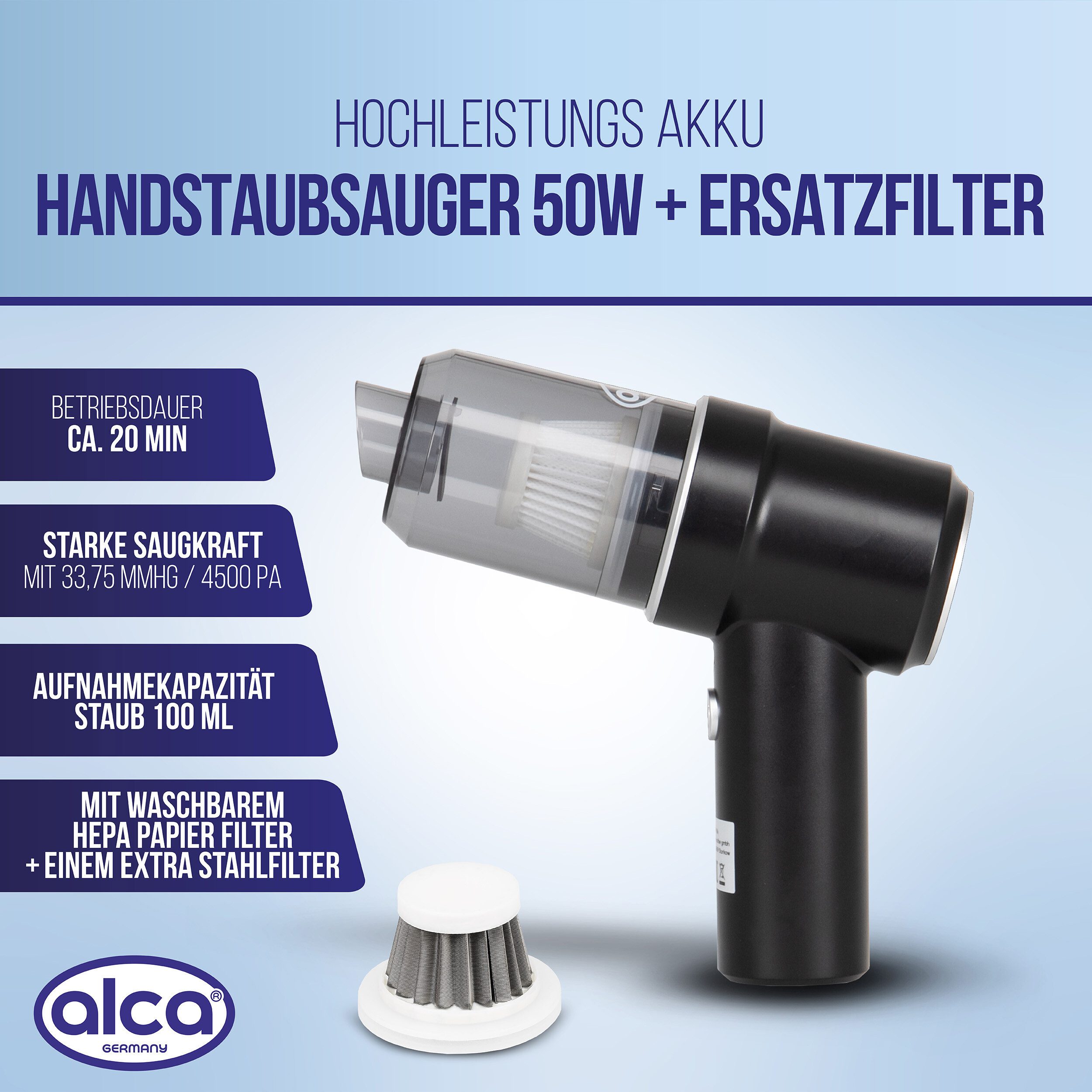 alca Handstaubsauger Akku Handstaubsauger Set 50W 7,4V 4500Pa Blasfunktion + HEPA, 50 W, Beutellos mit Filter