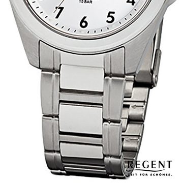 Regent Quarzuhr Regent Herren-Armbanduhr silber weiß Analog, Herren Armbanduhr rund, mittel (ca. 38mm), Edelstahlarmband
