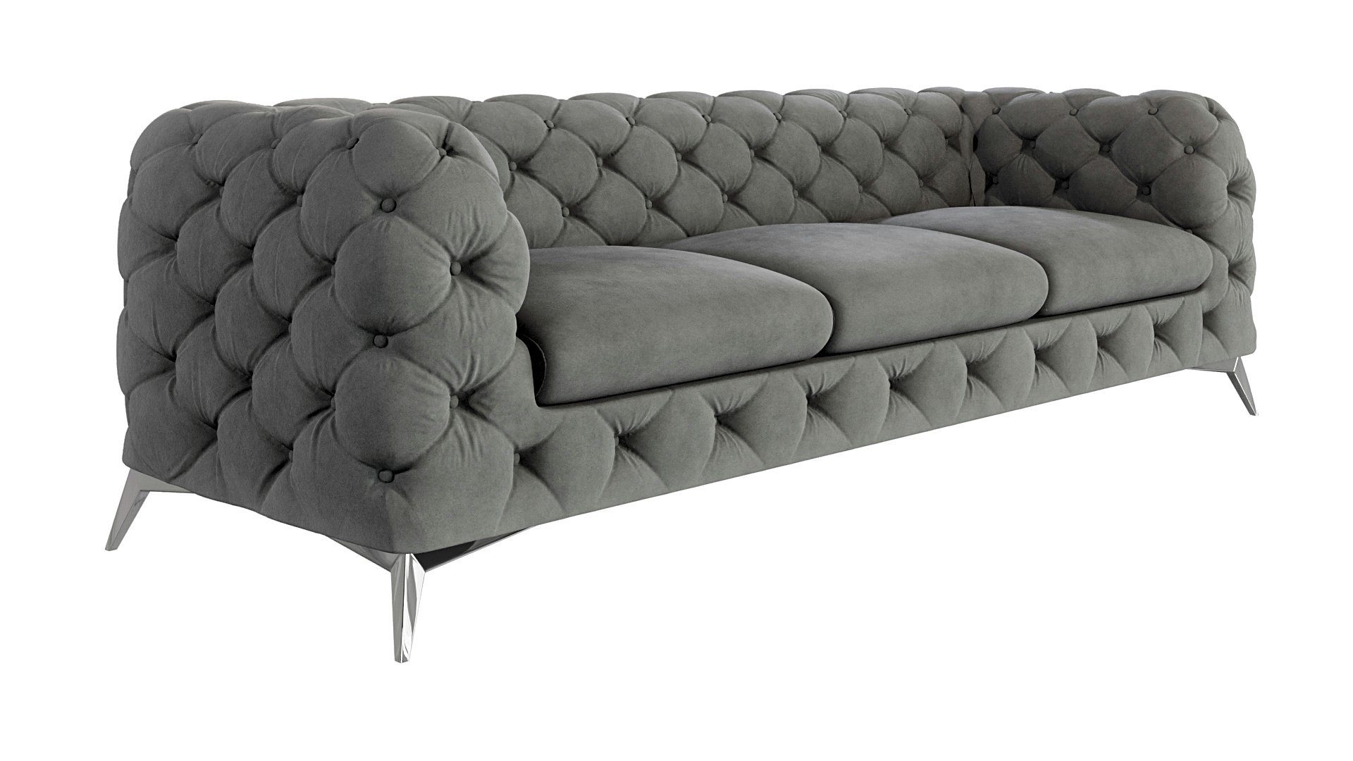 Möbel mit Metall Sofa 3-Sitzer Wellenfederung Grau mit Kalina S-Style Füßen, Silber Chesterfield