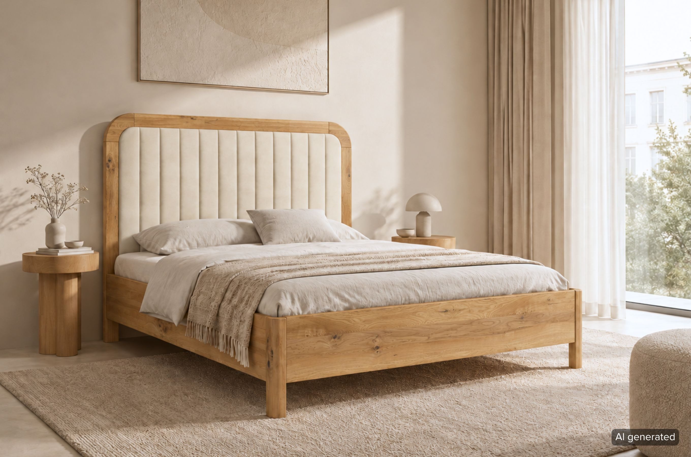 Visby Holzbett Modena (Eichenbett – hohes Bett mit abgerundeten Kanten), mit gepolstertem Kopfteil, 140/200, Eiche – lackiert (inkl.Lattenrost)