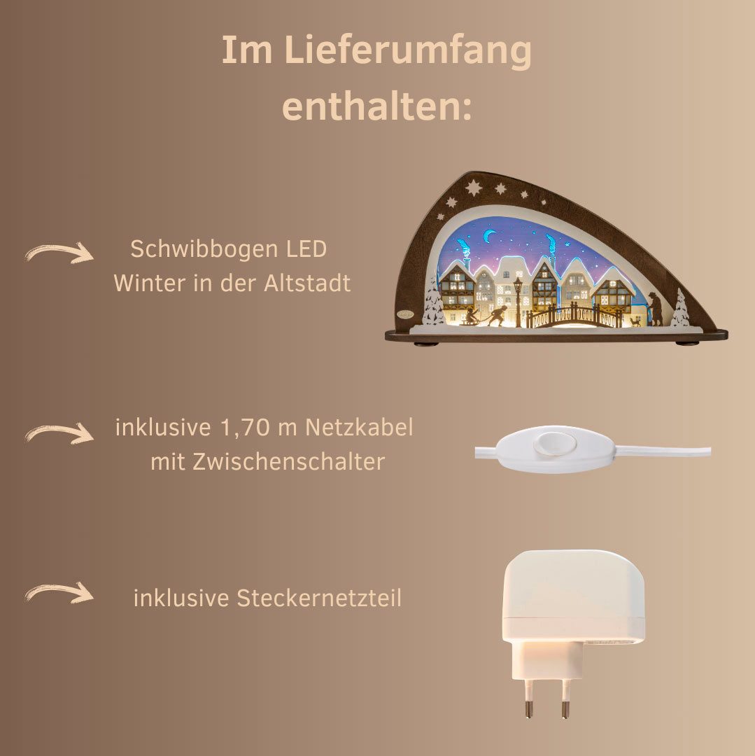 Weigla Lichterbogen LED Winter mit Altstadt,Schwibbogen aus Holz&Acrylglas,Made in Germany (1-tlg), Erzgebirge garantiert, Weihnachtsdeko Innen, Weihnachtsbeleuchtung