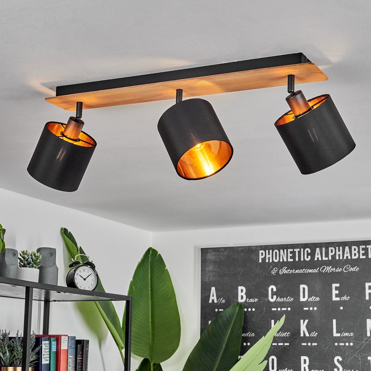 aus Leuchte Design mit skandinavischen 3xE14 Leuchtmittel, Deckenleuchte Holz/Metall/Stoff, Deckenlampe im Natur/Schwarz/Kupferfarben, Schirmen, hofstein ohne verstellbaren »Costa«