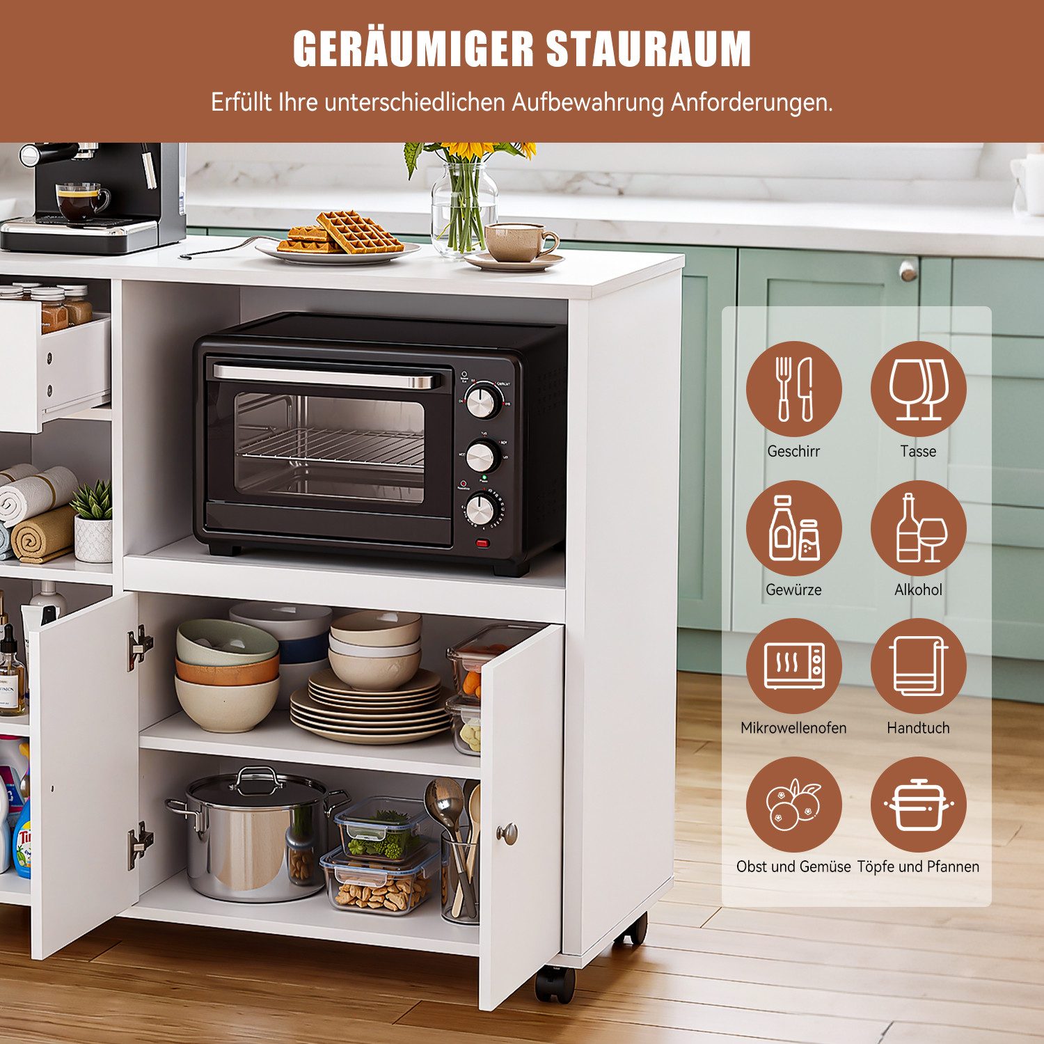 oyajia Sideboard Aufbewahrungsschrank Küchekommode Küchentrolley mit Rollen (Mikrowellenschrank Küchenschrank Rollwagen,mit Schubladen), Viel Stauraum,verstellb – Bild 3 von 5