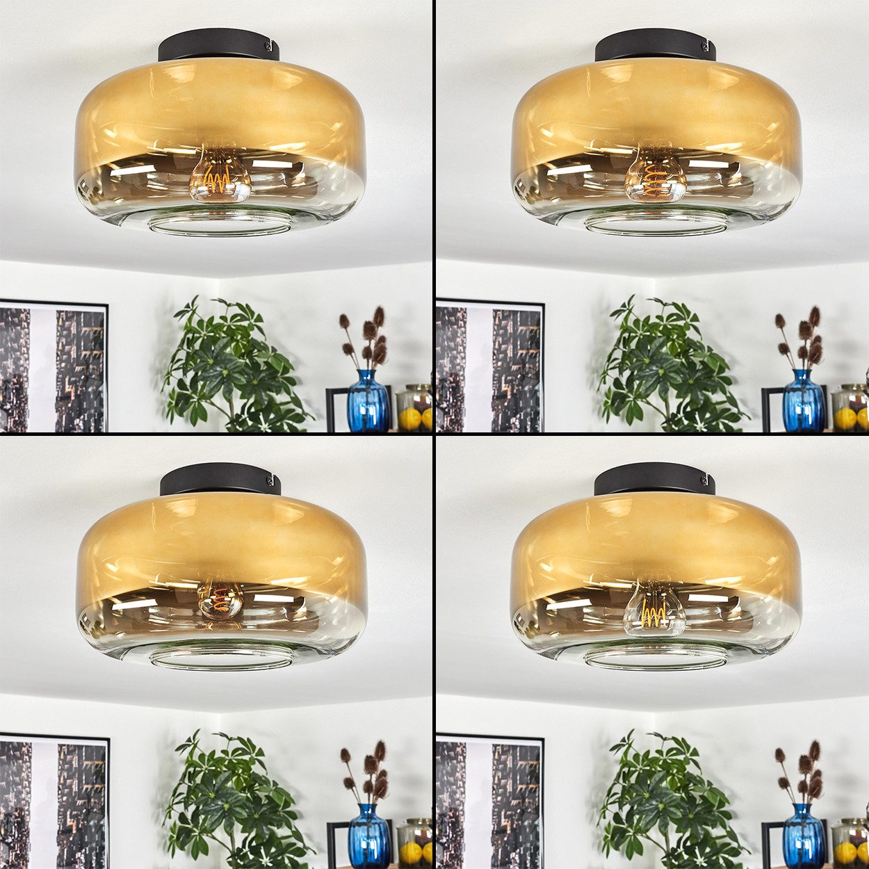 hofstein Deckenleuchte runde Deckenlampe aus Metall/Glas in Schwarz/Goldfarben/Klar, ohne Leuchtmittel, Retro/Vintage, mit Glasschirm (28 cm), 1 x E27, ohne Leuchtmittel
