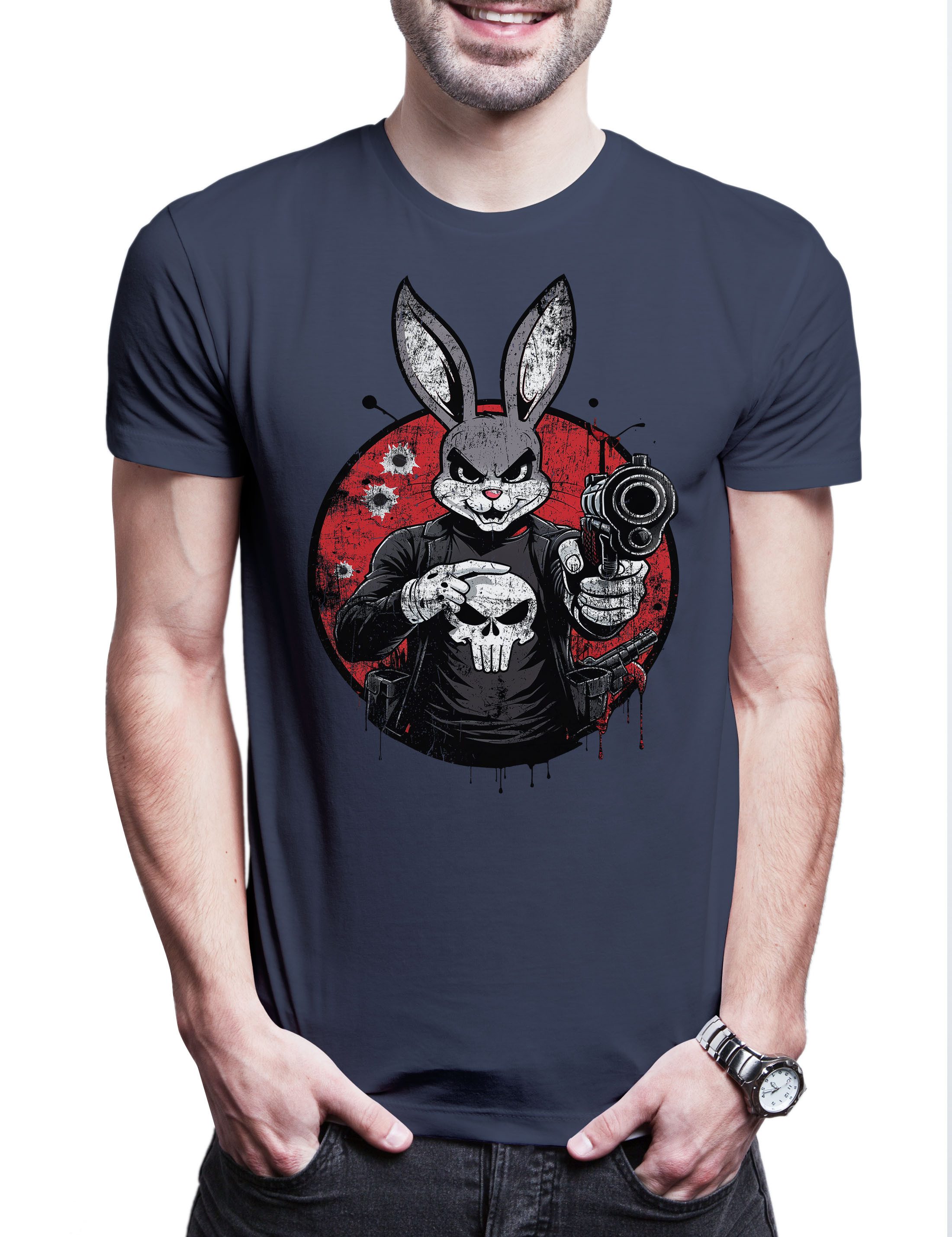 Print-Shirt Vigilante Bunny Herren T-Shirt Skull Logo Toon Cartoon Comic Wild