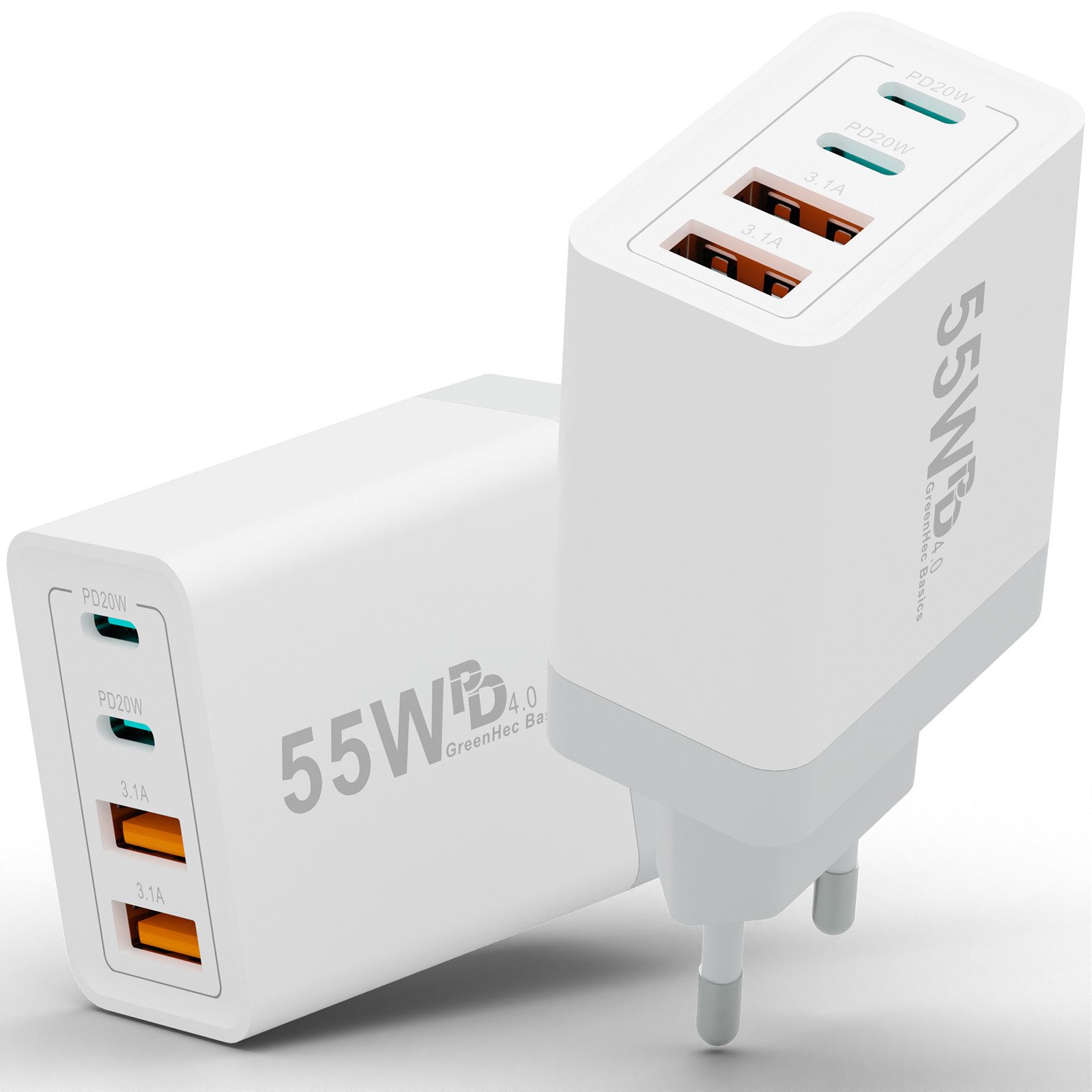 GreenHec Ladegerät USB-C iPhone mehrfach Charger Handy Stecker Adapter Netzteil Schnelllade-Gerät (0,00 mA, set, 55w Quatro Charger, iPhone 17 16 15 14 13 12 iPad, Schnell, 55w Multiport, Kabel, 2er Pack)