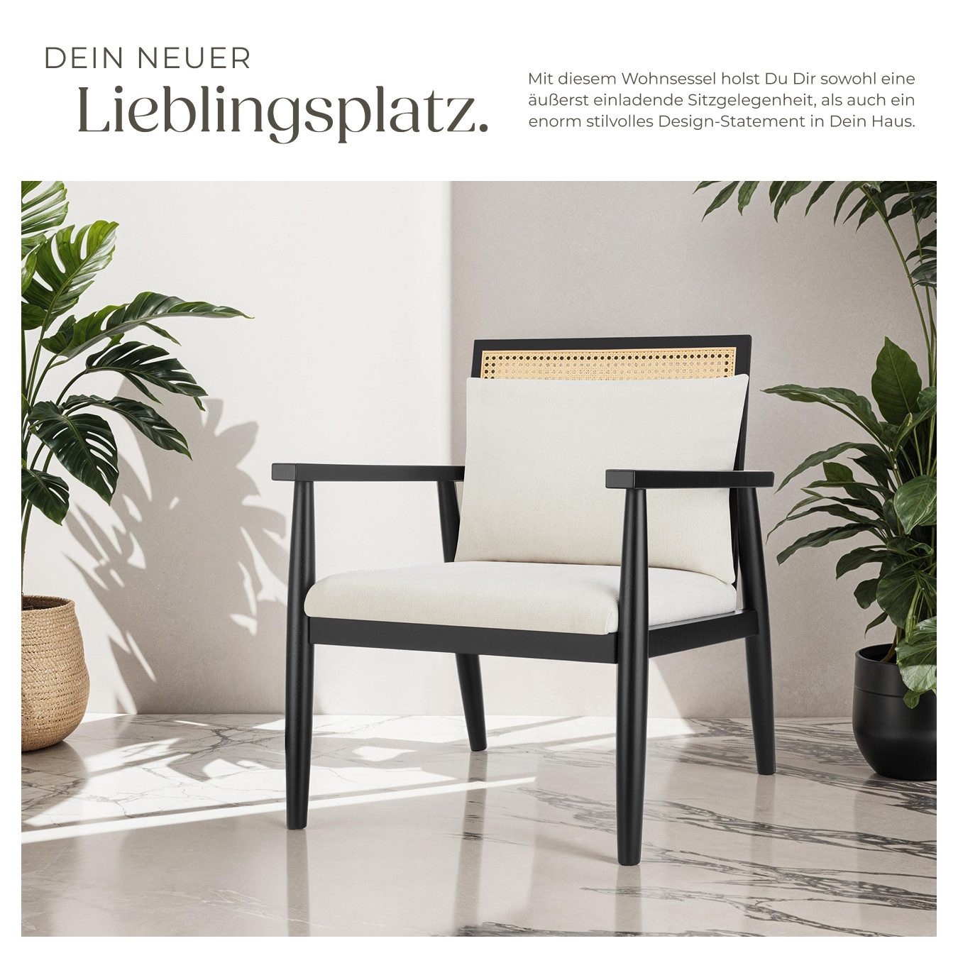 tectake Relaxsessel gepolsterter Loungesessel, Belastbarkeit 120 kg, 67 x 70 x 82 cm (Fernsehsessel Manuela, in Weiß), extra Rückenkissen, Holzgestell, Rückenlehne mit Wiener Geflecht