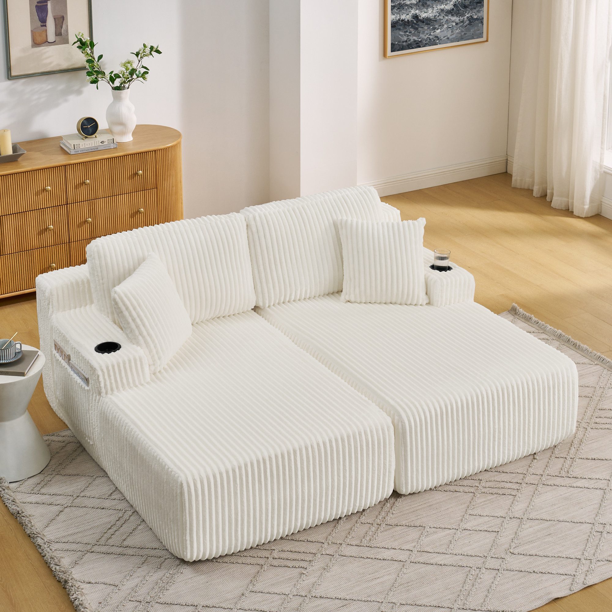 Celya Sofa 2-Sitzer Relax-Schlafsofa, Lounge-Sessel, weich Kordstoff, mit seitlicher Magazintasche, Getränkehalter und Kissen, für Wohnzimmer, Spielzimmer, Arbeitszimmer, Gästezimmer und Wohnung
